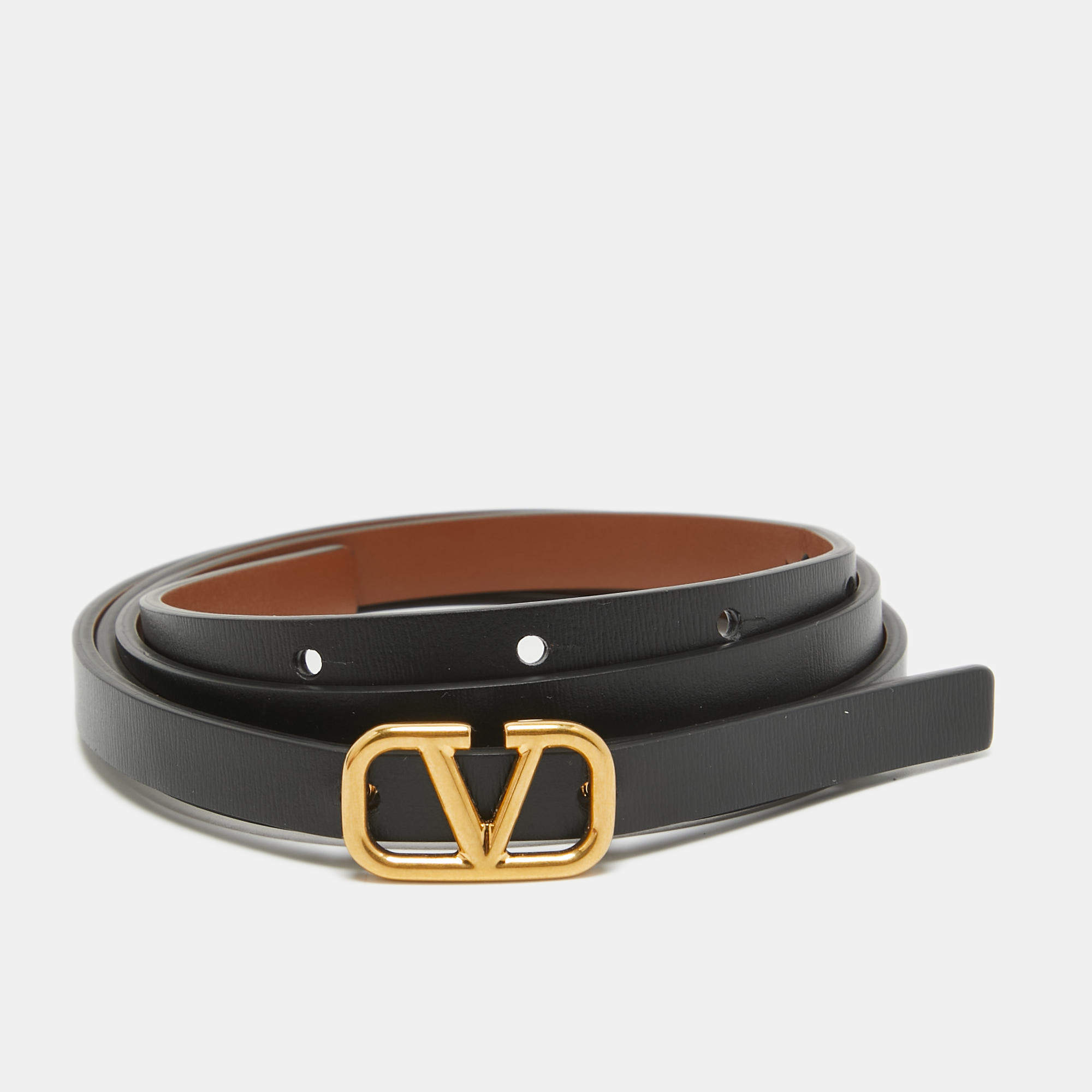 Pre Owned Valentino Black/Tan Leather VLogo Reversible Slim Belt 90CM