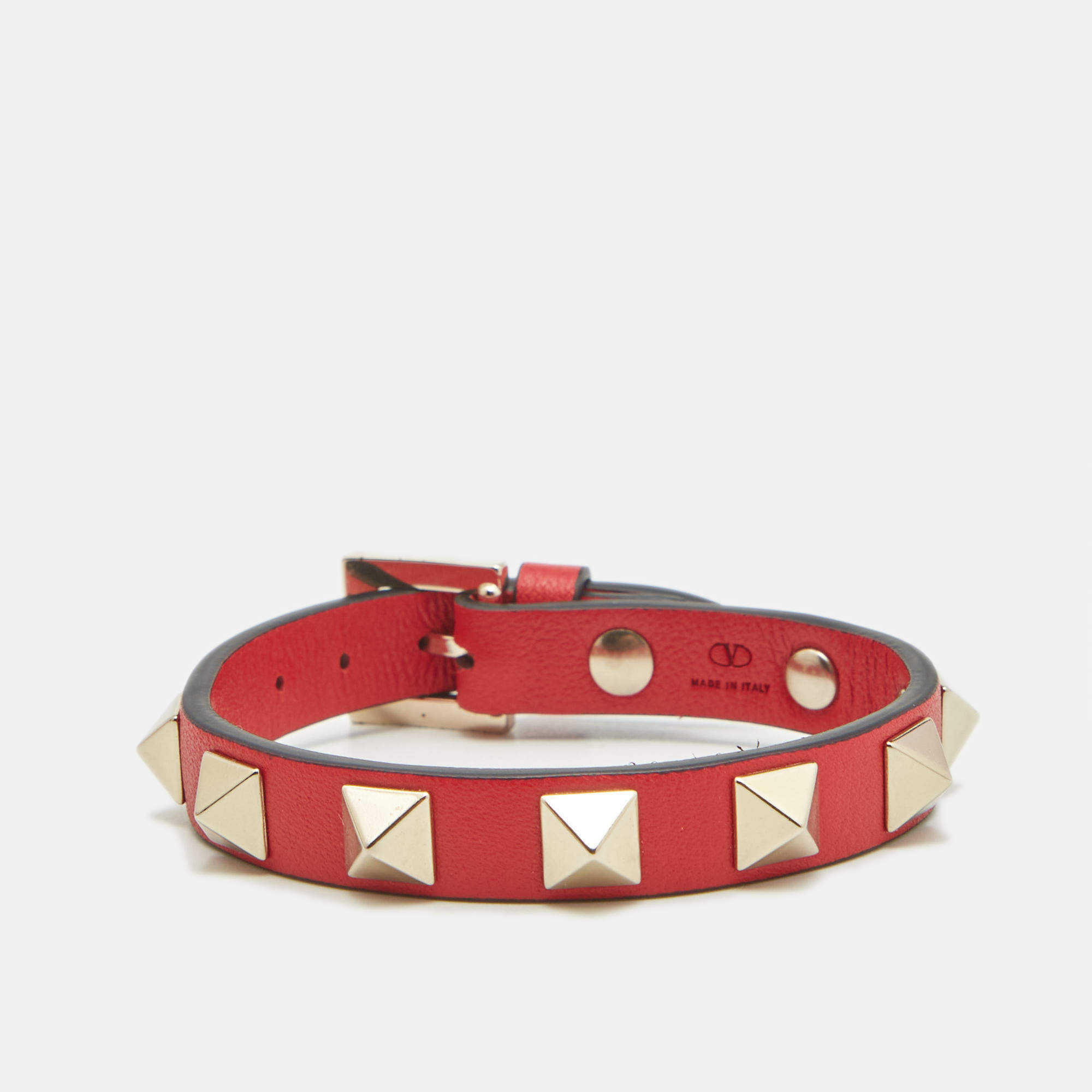 Pre Owned Valentino Rockstud Red Leather Gold Tone Bracelet