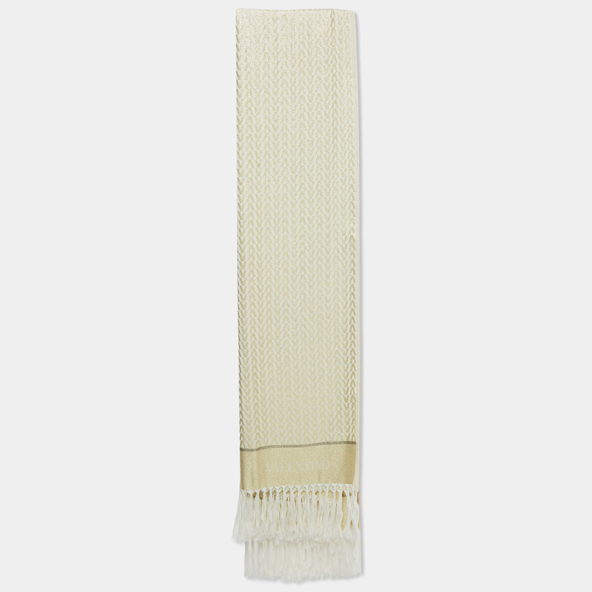 Pre Owned Valentino Gold Monogram Lurex Jacquard Fringed Scarf