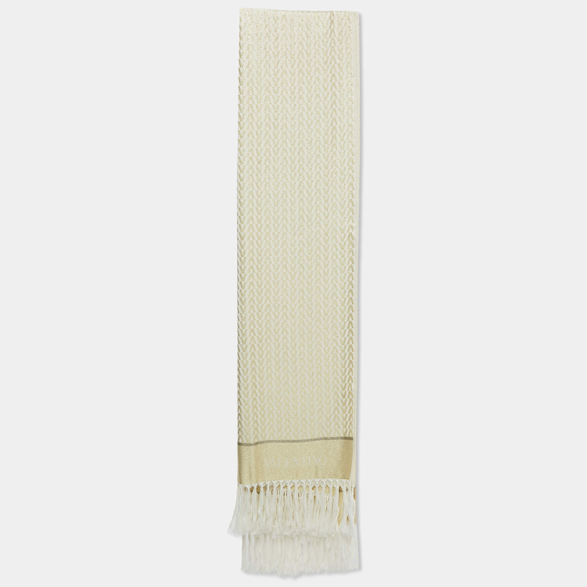 Pre Owned Valentino Gold Monogram Lurex Jacquard Fringed Scarf