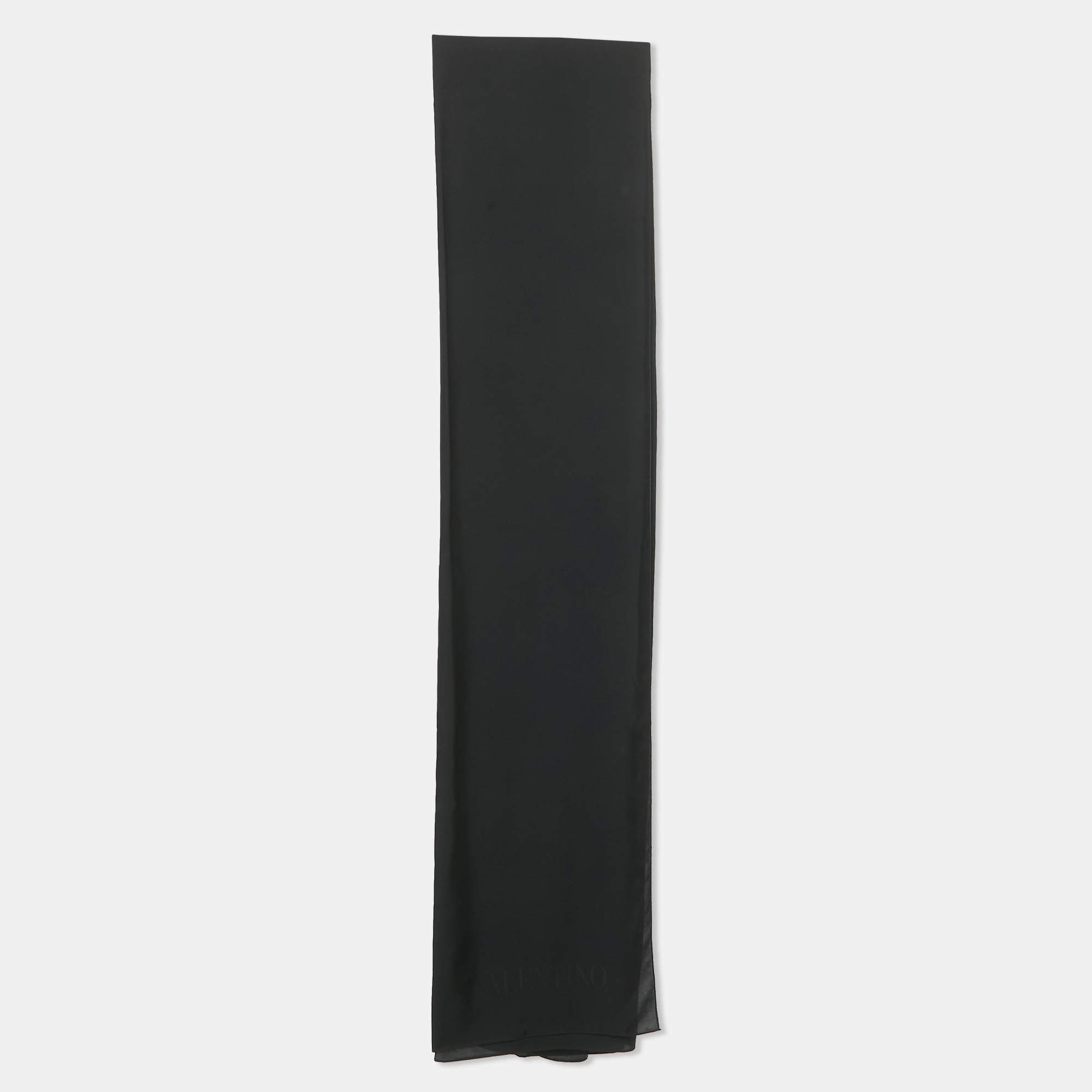 Pre Owned Valentino Black Logo Silk Scarf