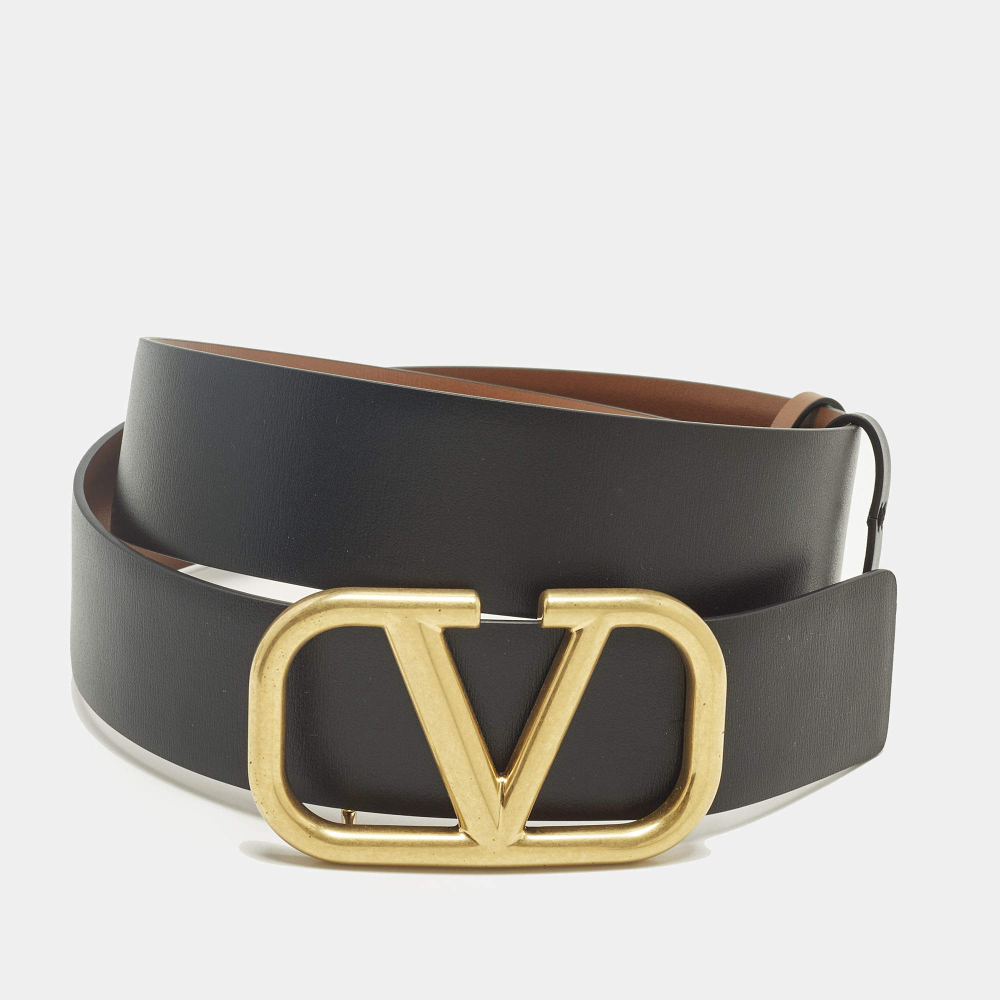 Pre Owned Valentino Black/Brown Leather VLogo Reversible Belt 70 CM