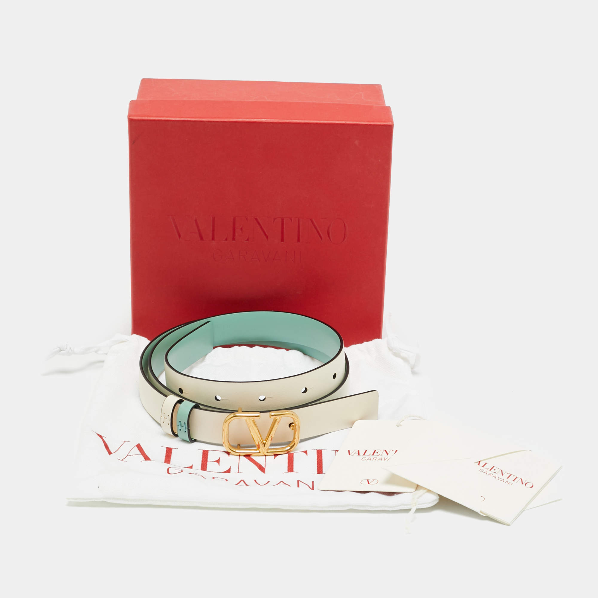 Pre Owned Valentino VLogo 75 CM Reversible Slim Belt Mint Green/Cream Leather