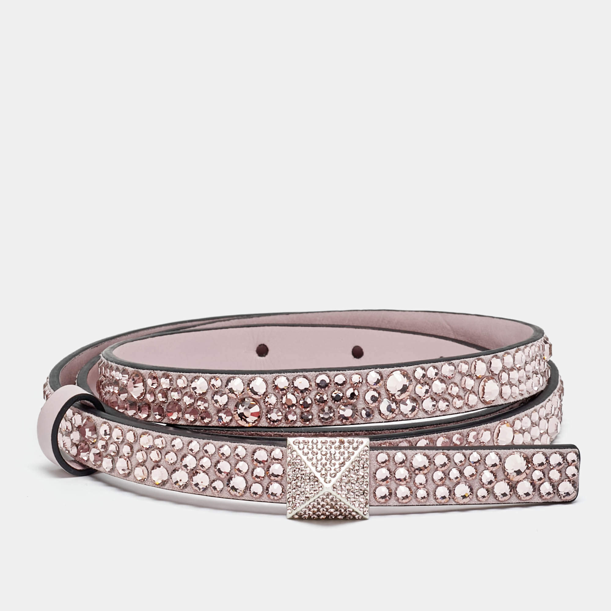 مملوكة مسبقًا Valentino One Stud Crystal Embellished 90 CM Waist Belt Pink Leather