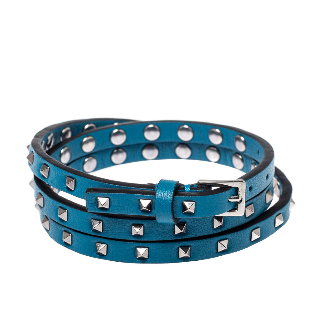 Valentino Blue Leather Mini Rockstud Gunmetal Tone Triple Wrap Bracelet