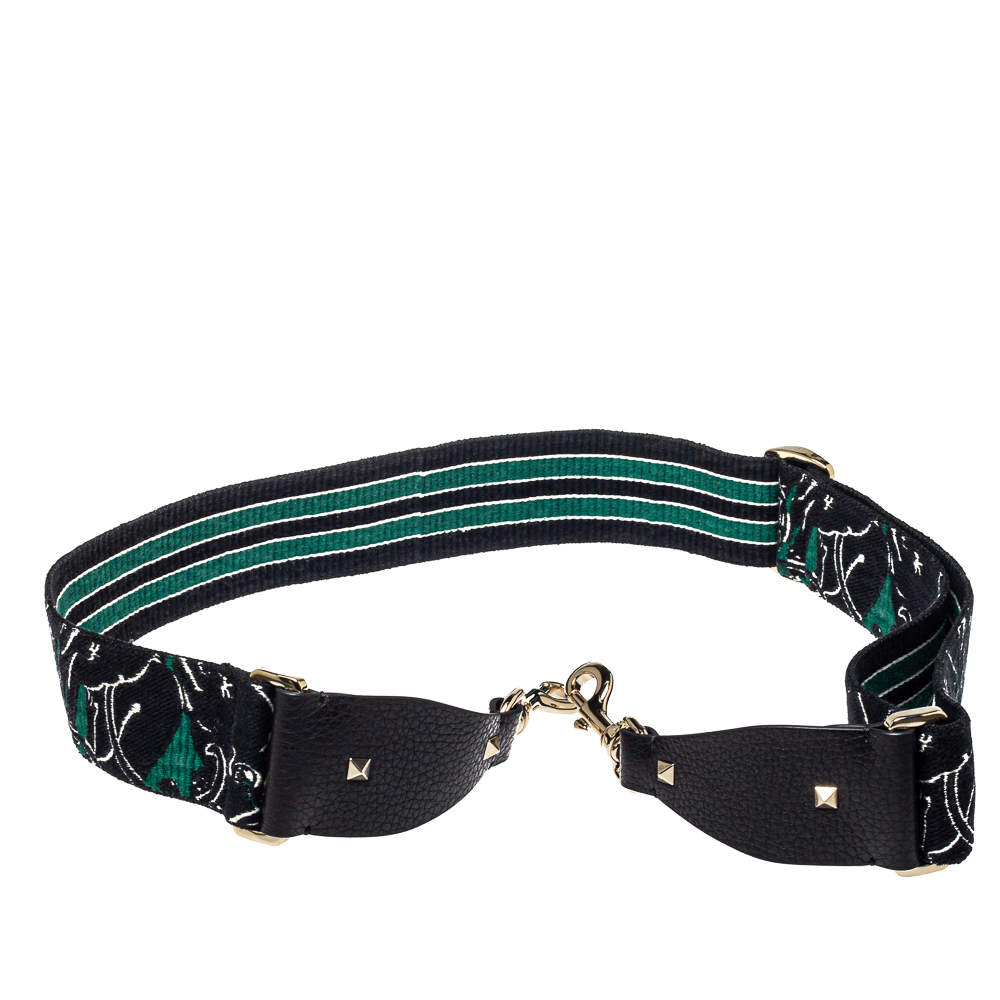 Pre Owned Valentino Green/Black Fabric and Leather Camupanther Embroidery Guitar Bag Strap