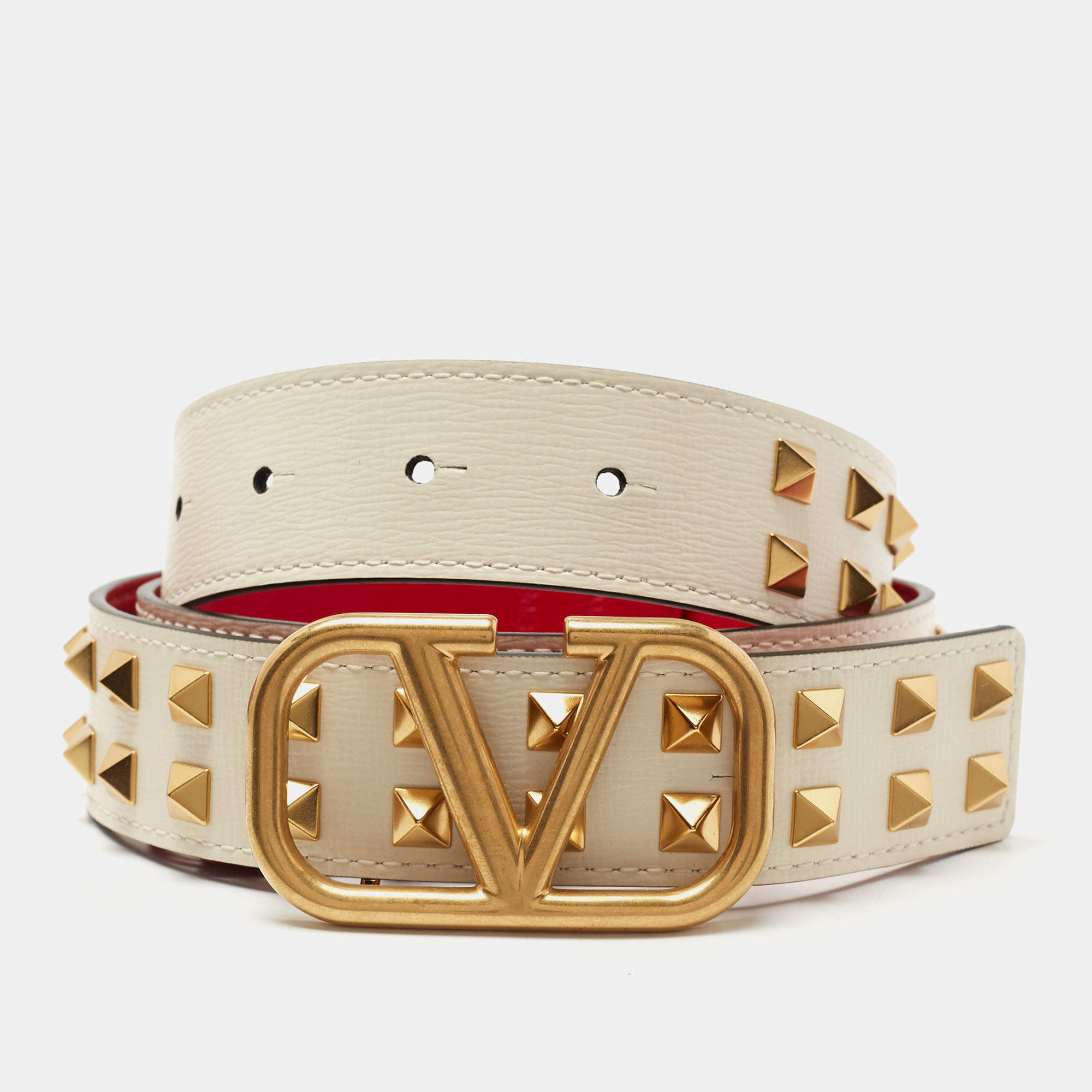 Valentino Ivory/Red Leather Rockstud VLogo Belt 90 CM