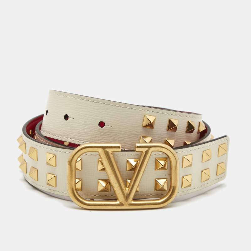 Pre Owned Valentino White/Red Leather VLogo Rockstud Reversible Belt 85CM