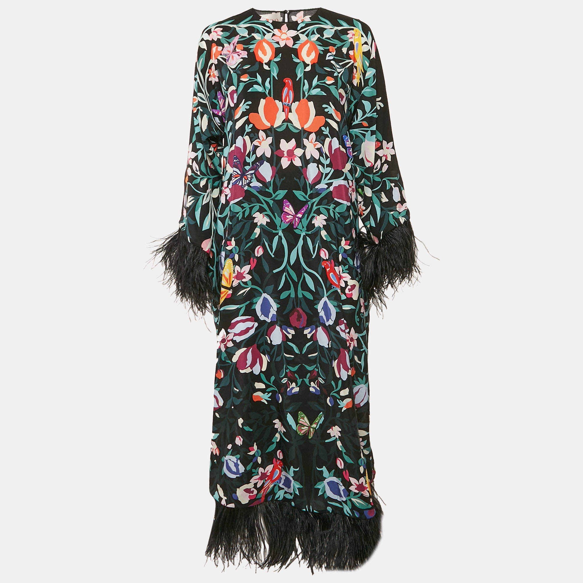 Valentino Black Garden Print Silk Feather Trimmed Crepe De Chine Long Dress M