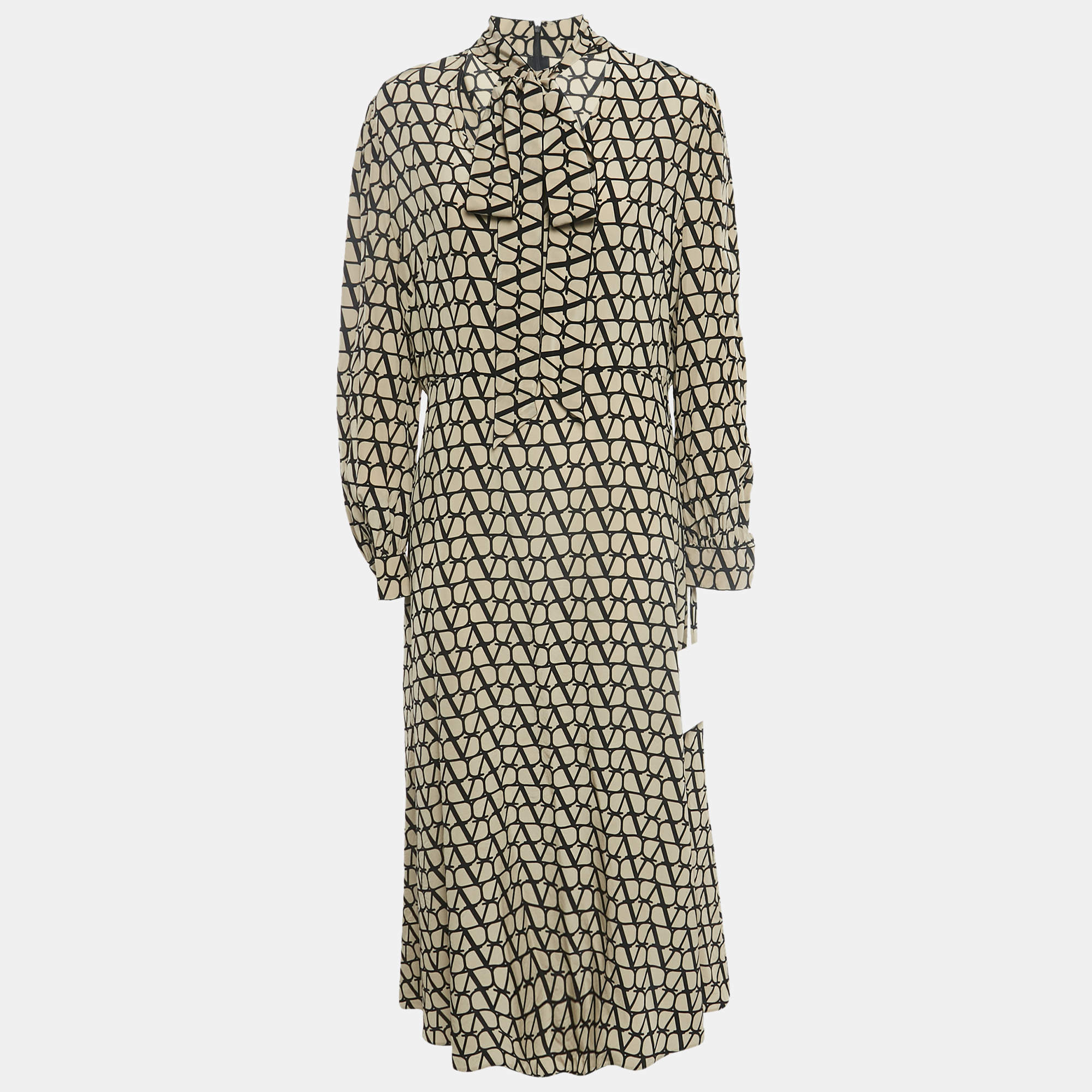 Valentino Beige/Black Logo Print Silk Tie-Up Neck Detail Midi Dress L
