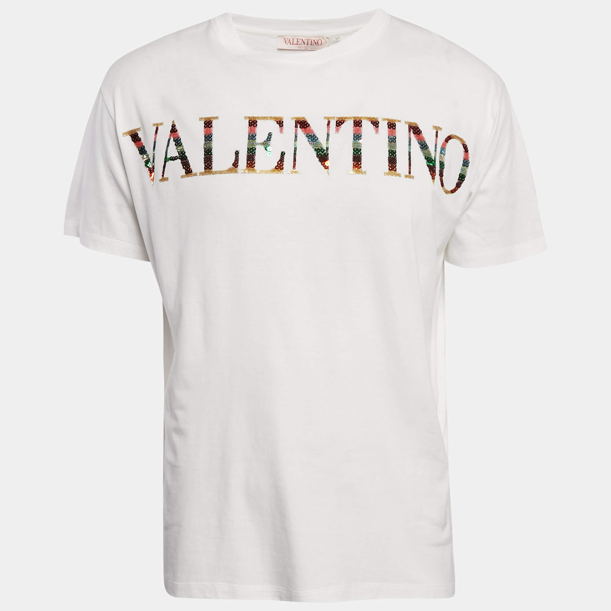 Pre Owned Valentino White Logo Sequin Detail  Jersey T-Shirt M