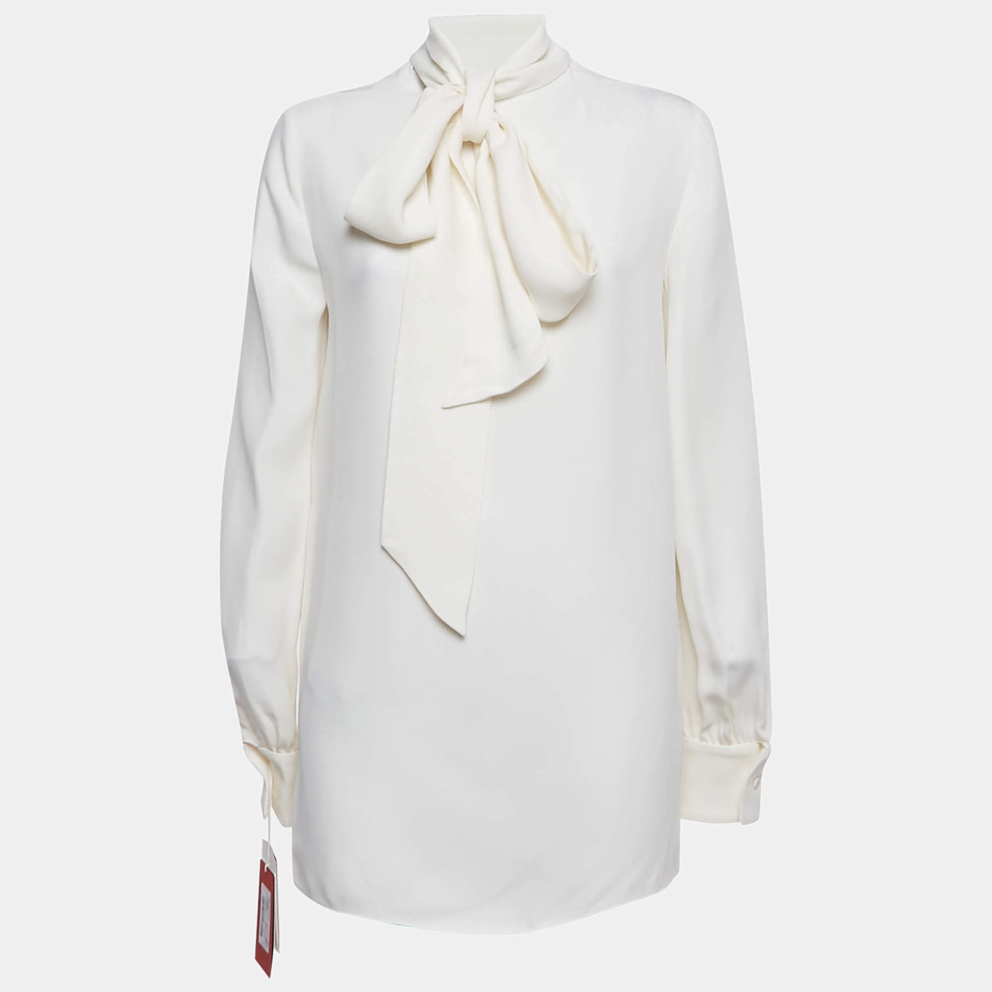 Pre Owned Valentino White Silk Blend Tie-Up Neck Detail Blouse M