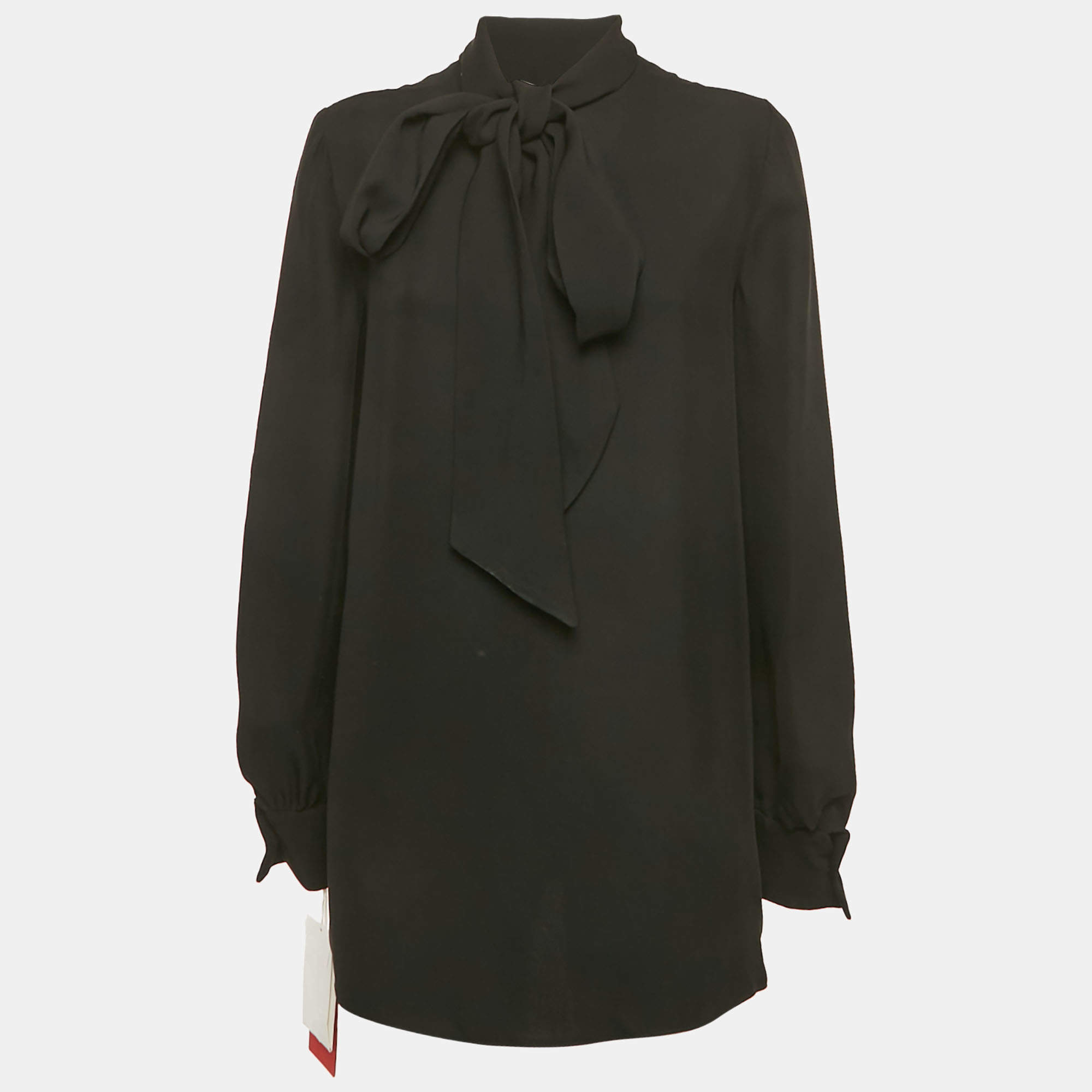 Pre Owned Valentino Black Silk Blend Crepe Tie-Up Neck Detail Top M