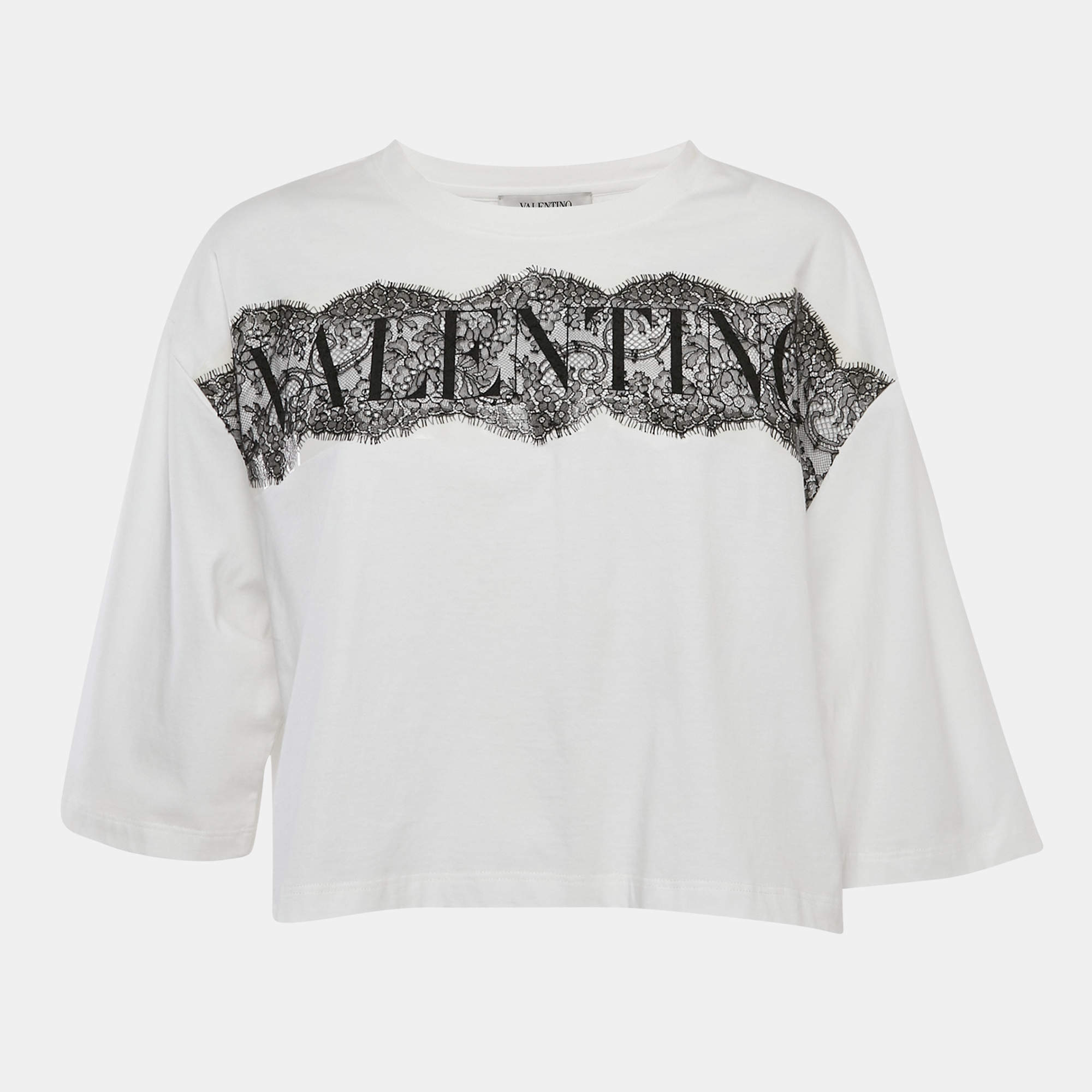 Pre Owned Valentino White Lace Detail Cotton Knit Oversized T-Shirt L