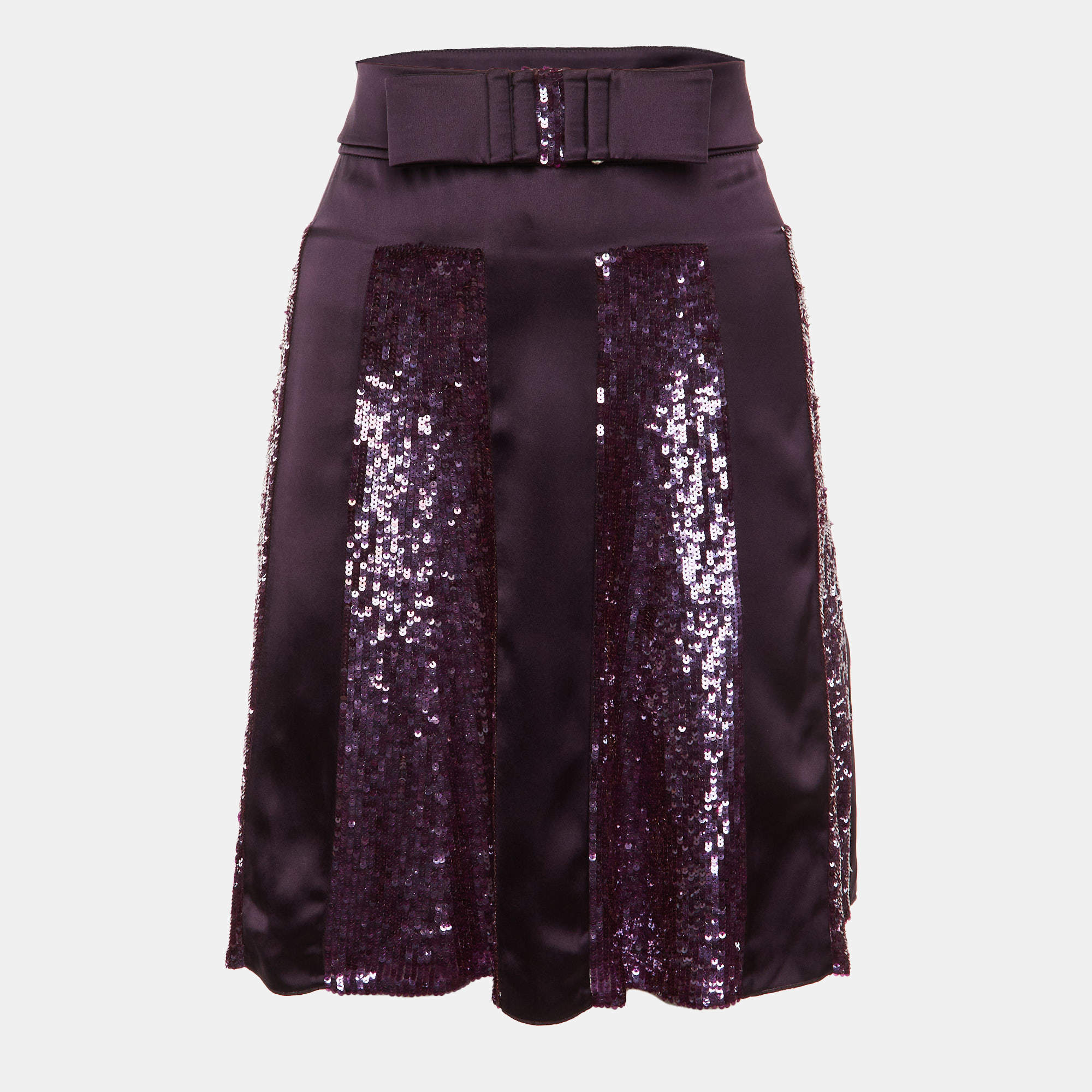 Pre Owned Valentino Purple Silk Satin & Sequin Paneled A-Line Skirt L