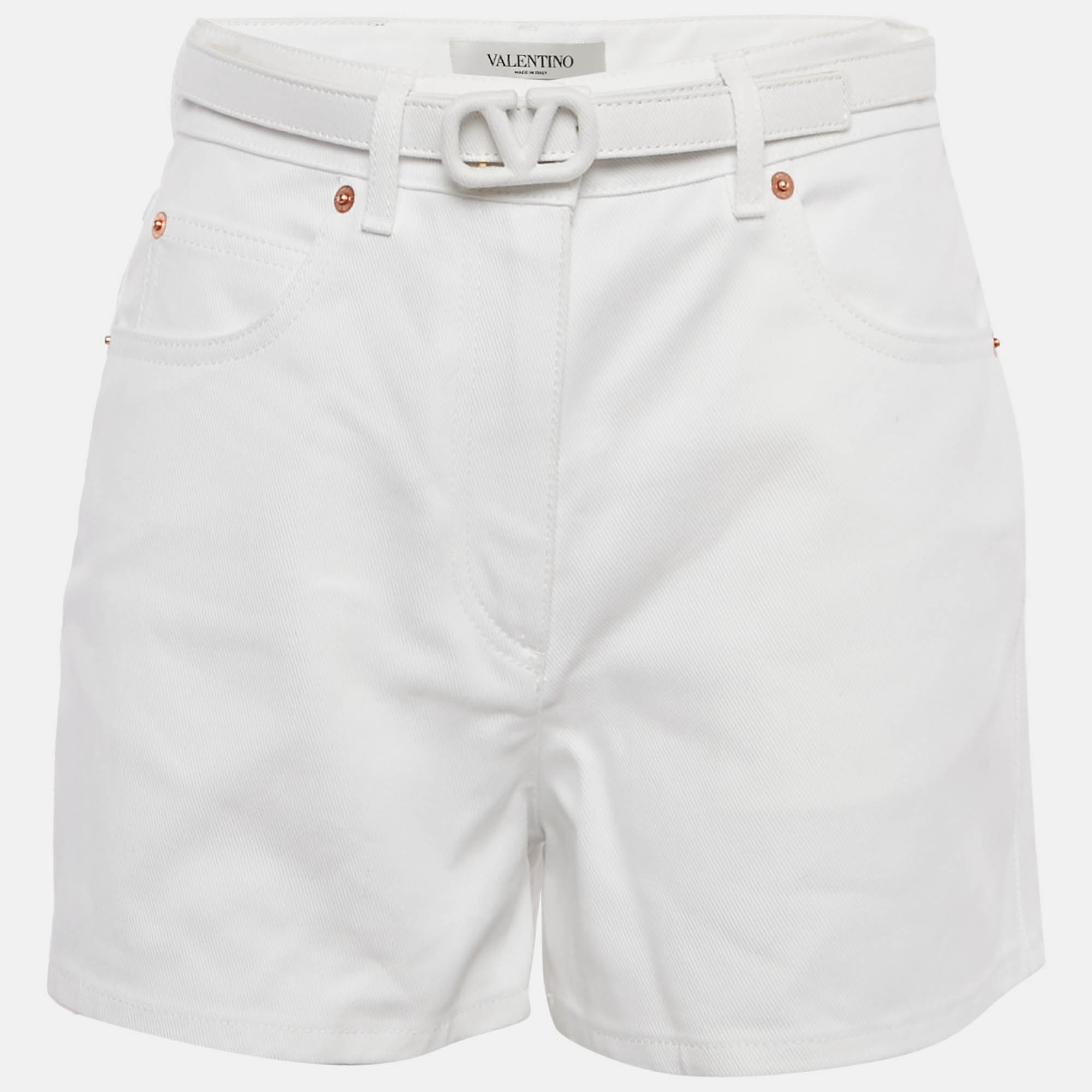 Pre Owned Valentino White Denim Belted Shorts M Waist 28"