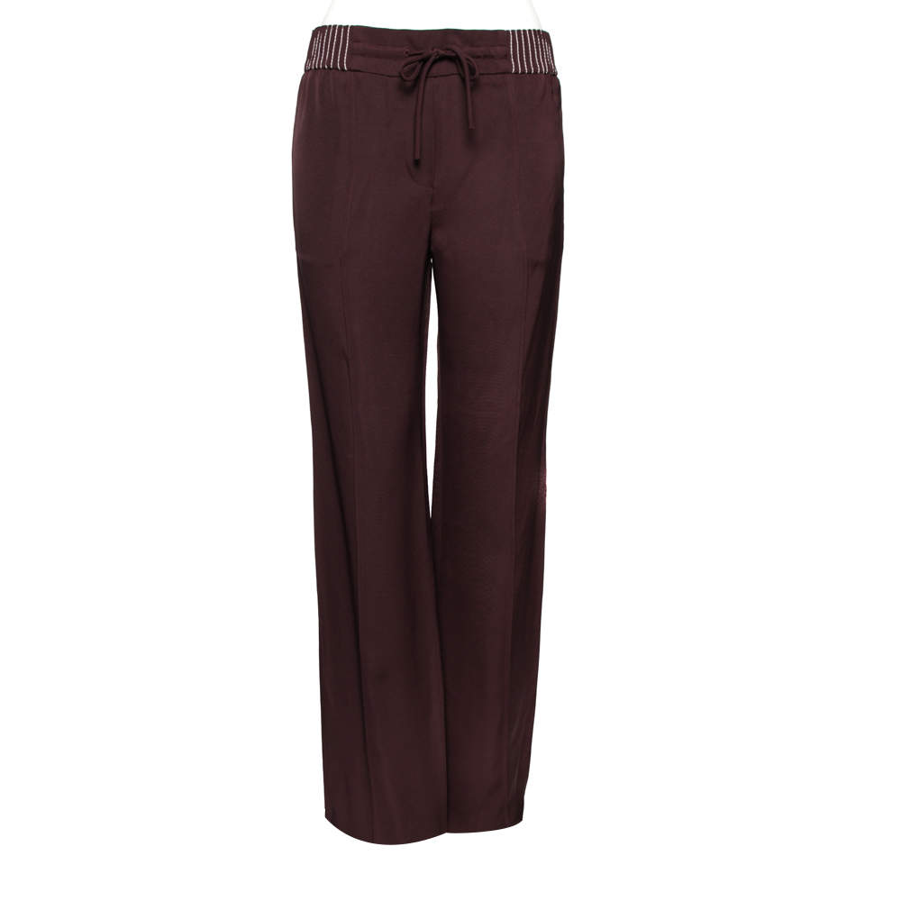 Pre Owned Valentino Burgundy Silk Blend Techno Stitch Detail Palazzo Pants S