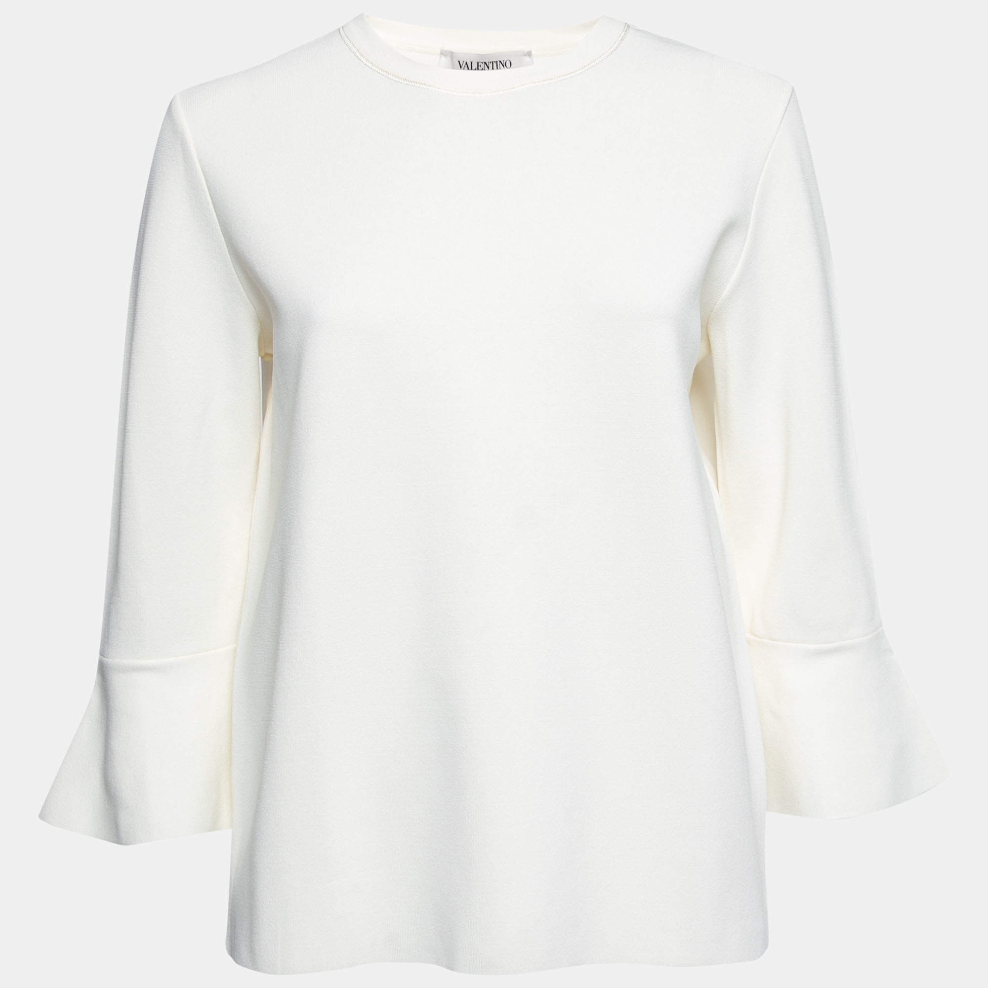Pre Owned Valentino Ivory Knit Flared Cuff Detail Round Neck Top L
