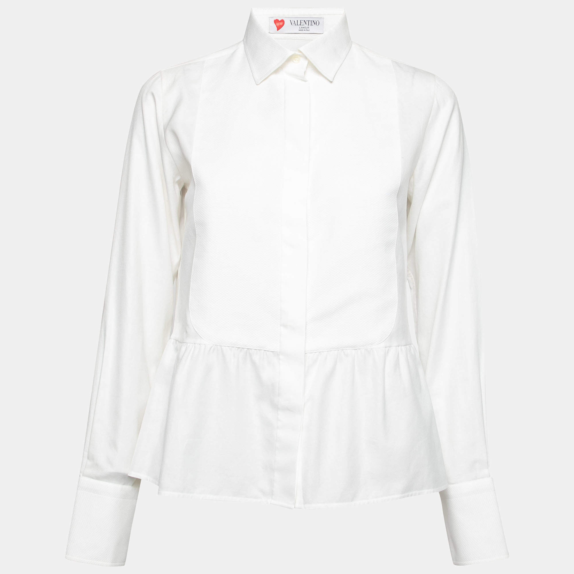 Pre Owned Valentino White Cotton Texture Paneled Button Front Peplum Shirt M
