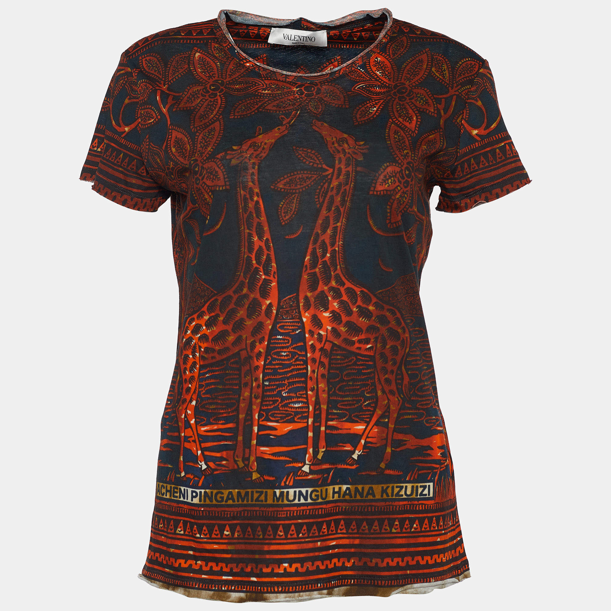 Pre Owned Valentino Black Giraffe Print Jersey Distressed T-Shirt M
