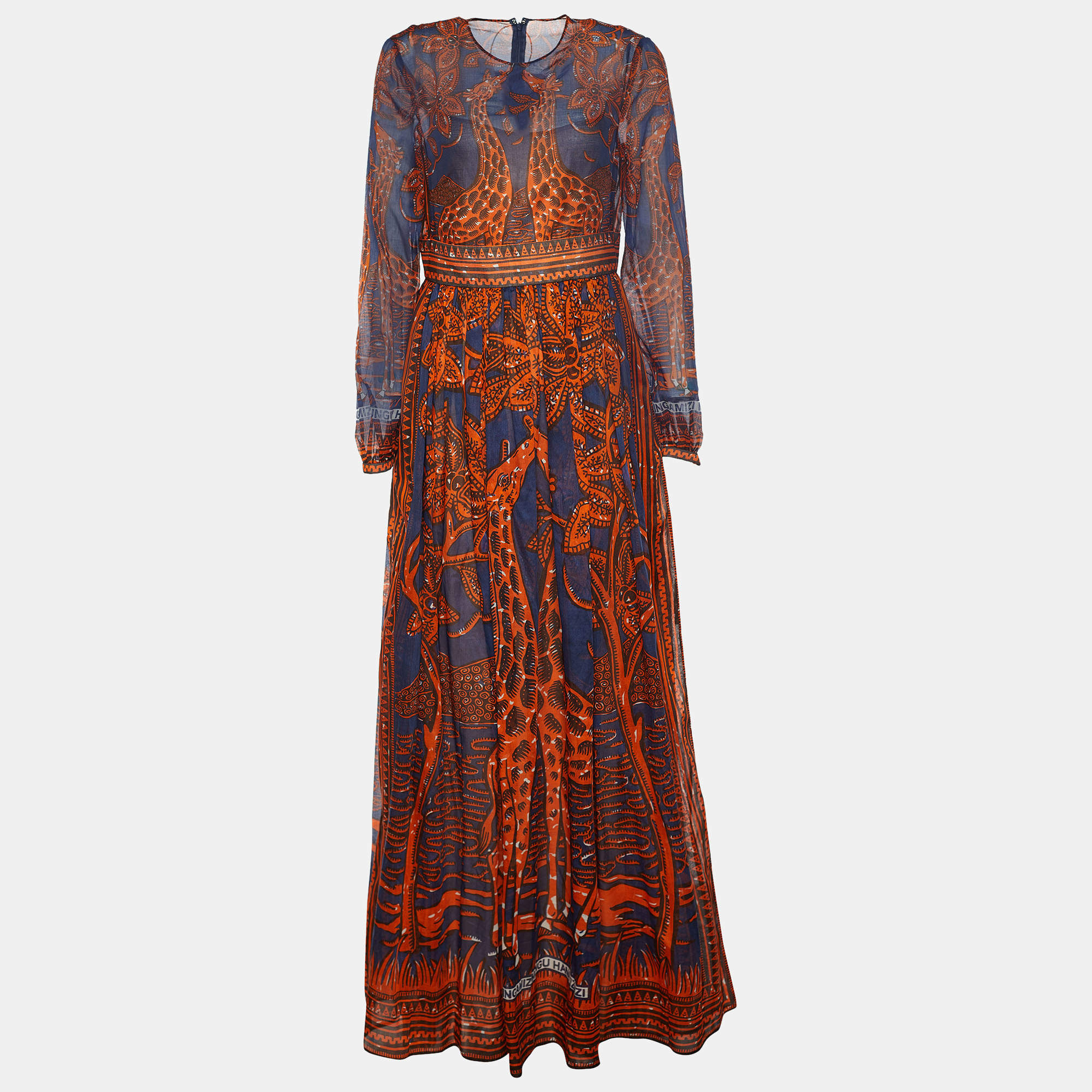 Pre Owned Valentino Orange & Navy Giraffe Print Voile Maxi Dress M