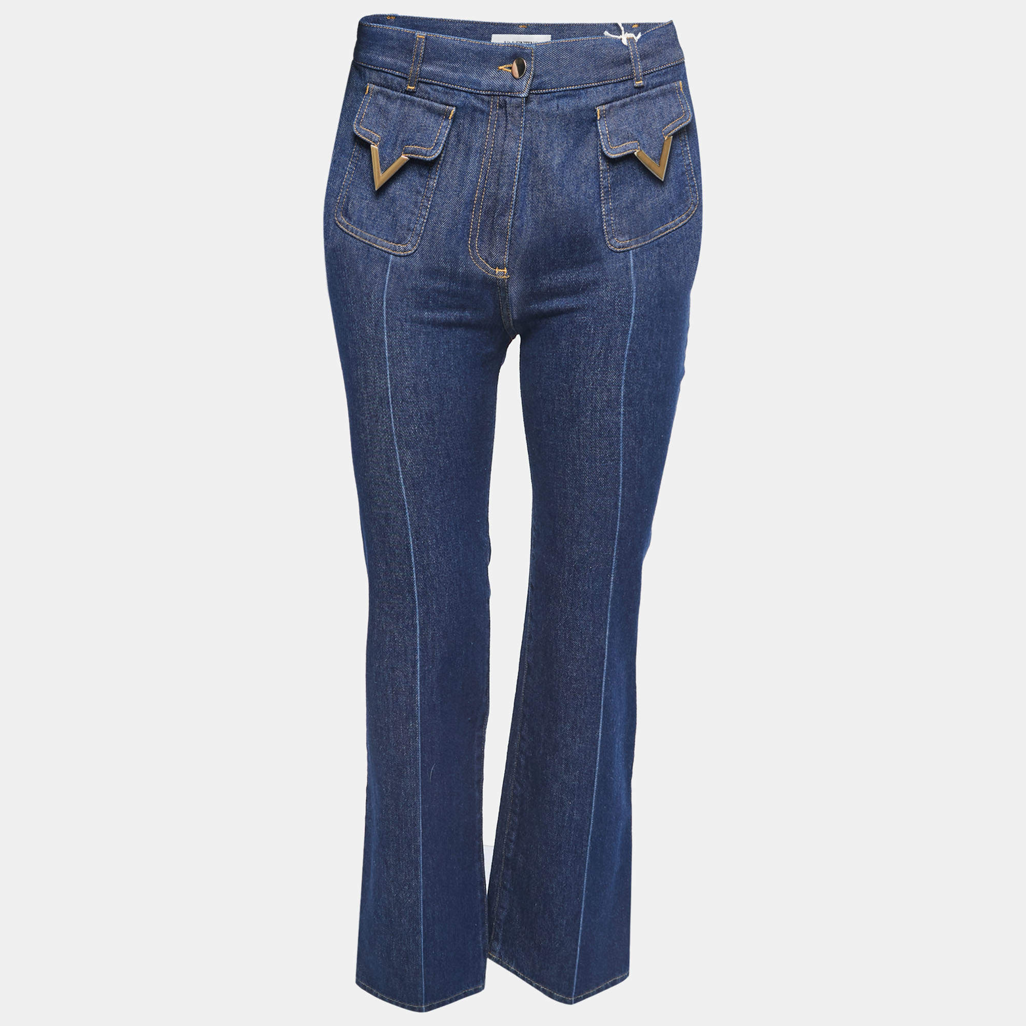 Valentino Blue Denim V Buckle Detail Boot Cut Jeans S Waist 25"