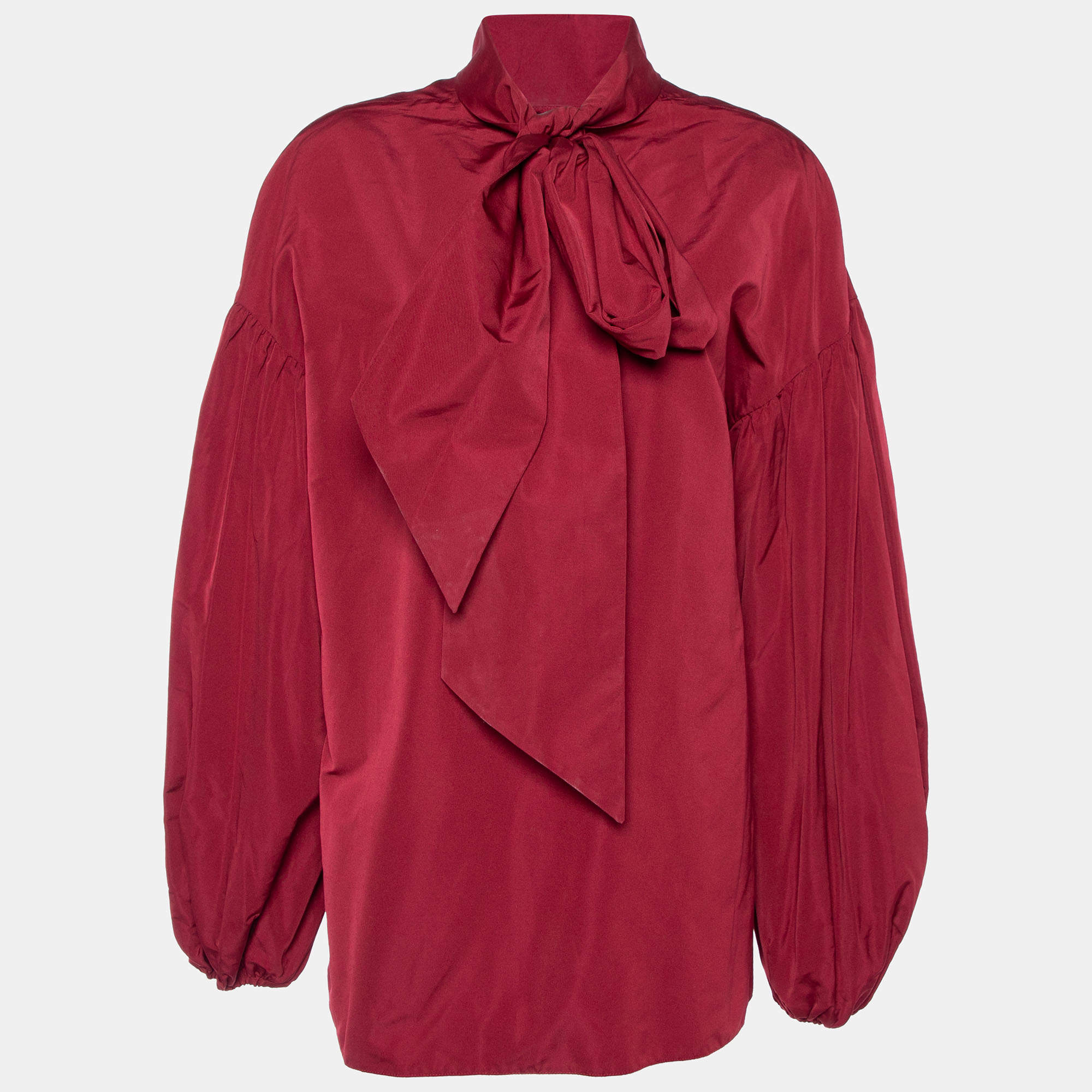 Pre Owned Valentino Burgundy Cotton Taffeta Neck Tie Detail Top L