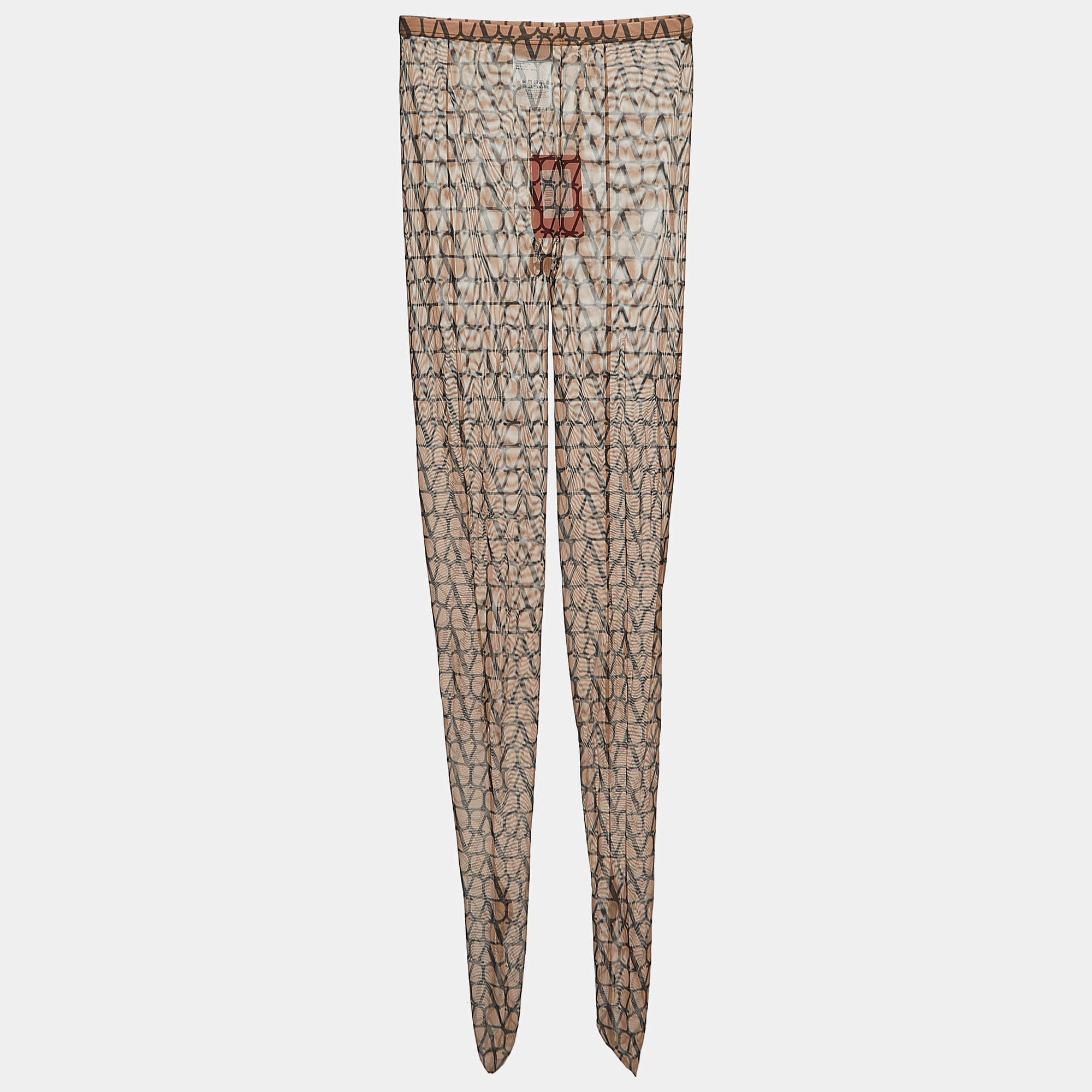 Pre Owned Valentino Brown Logo Patterned Semi-Sheer Stretch Tulle Tights L/XL