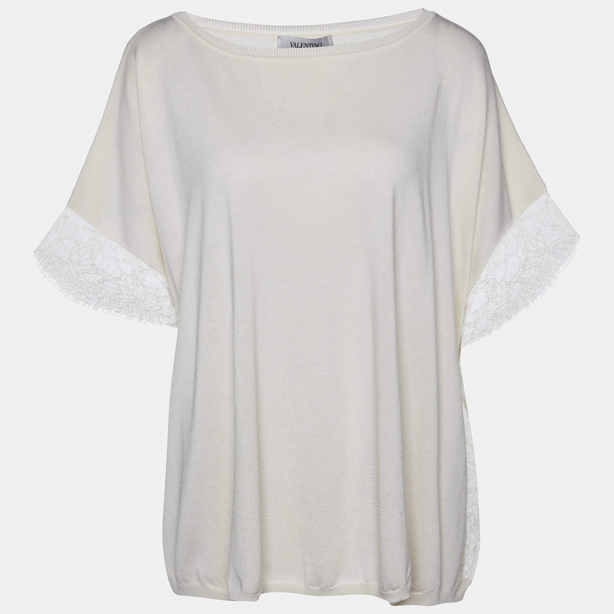 Pre Owned Valentino Cream Silk & Cotton Knit Lace Trim Jumper S