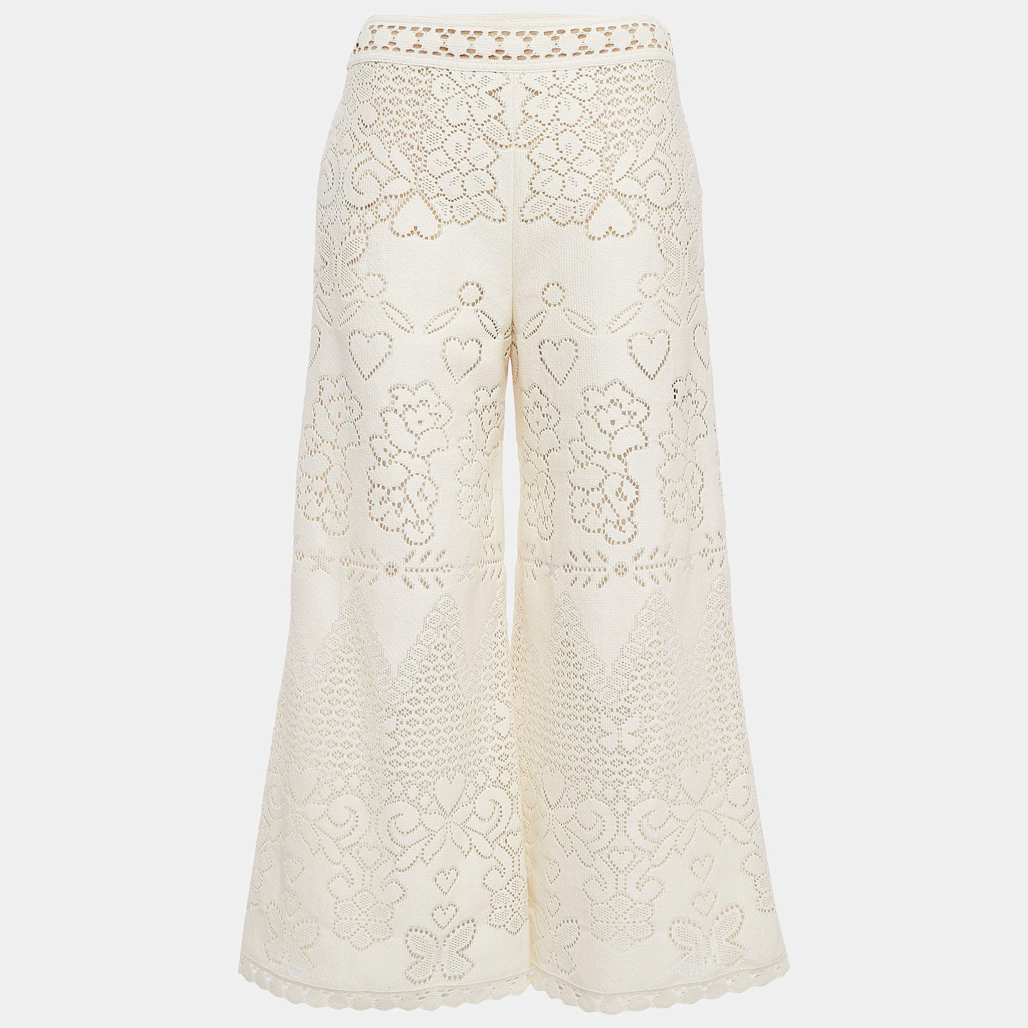 Pre Owned Valentino White Eyelet Knit Wide Leg Pants S