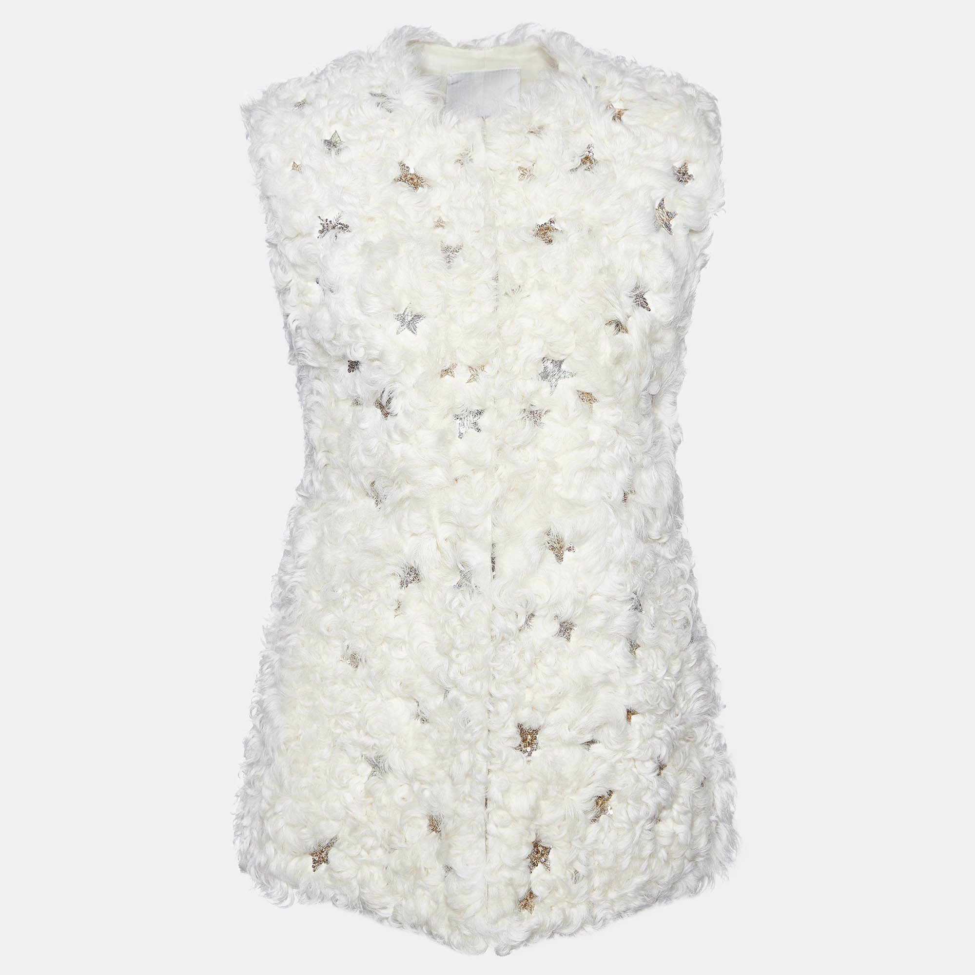 Valentino Cream Star Sequined Lamb Fur Gillet S