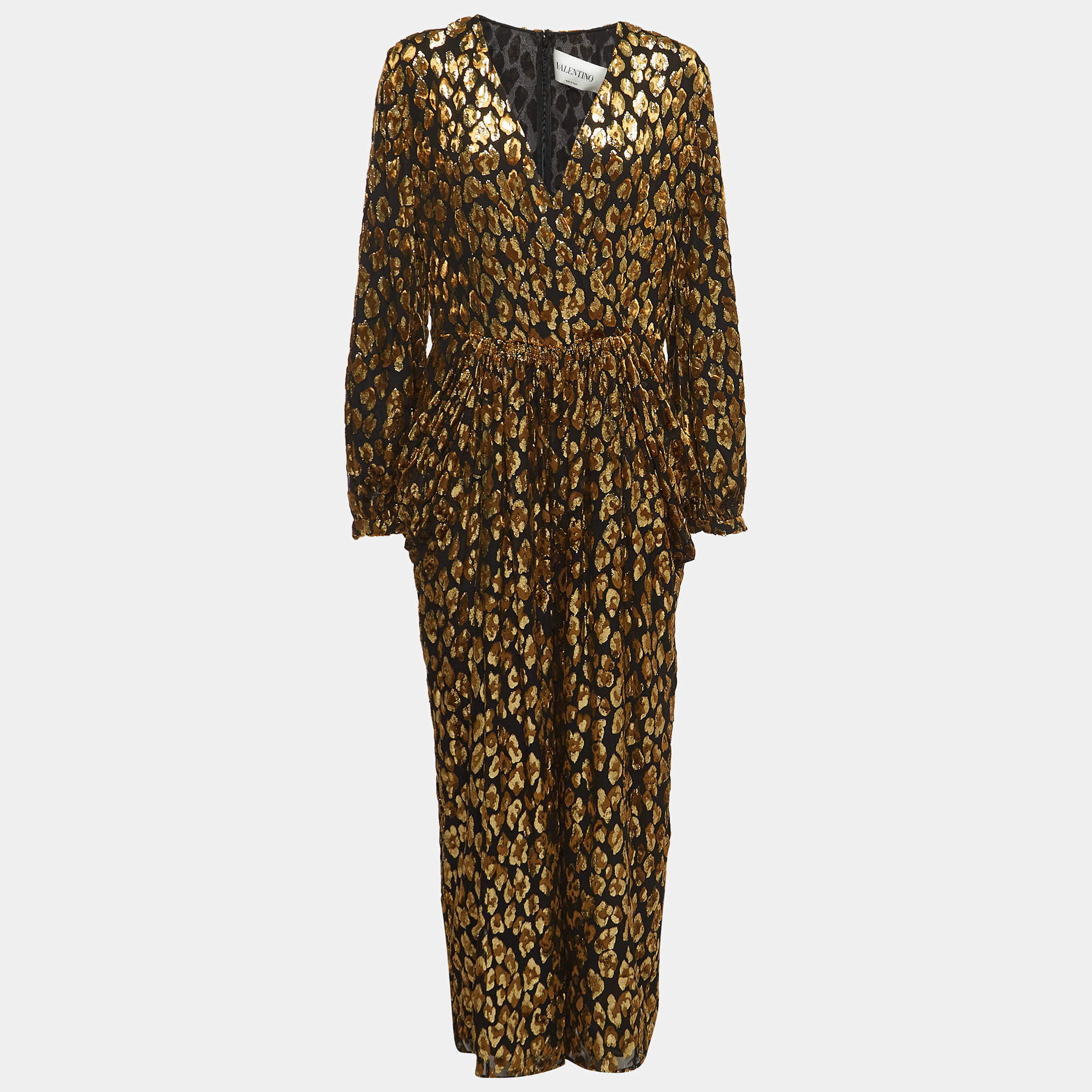 Valentino Black and Gold Leopard Patterned Silk Blend V Neck Jumpsuit M 
