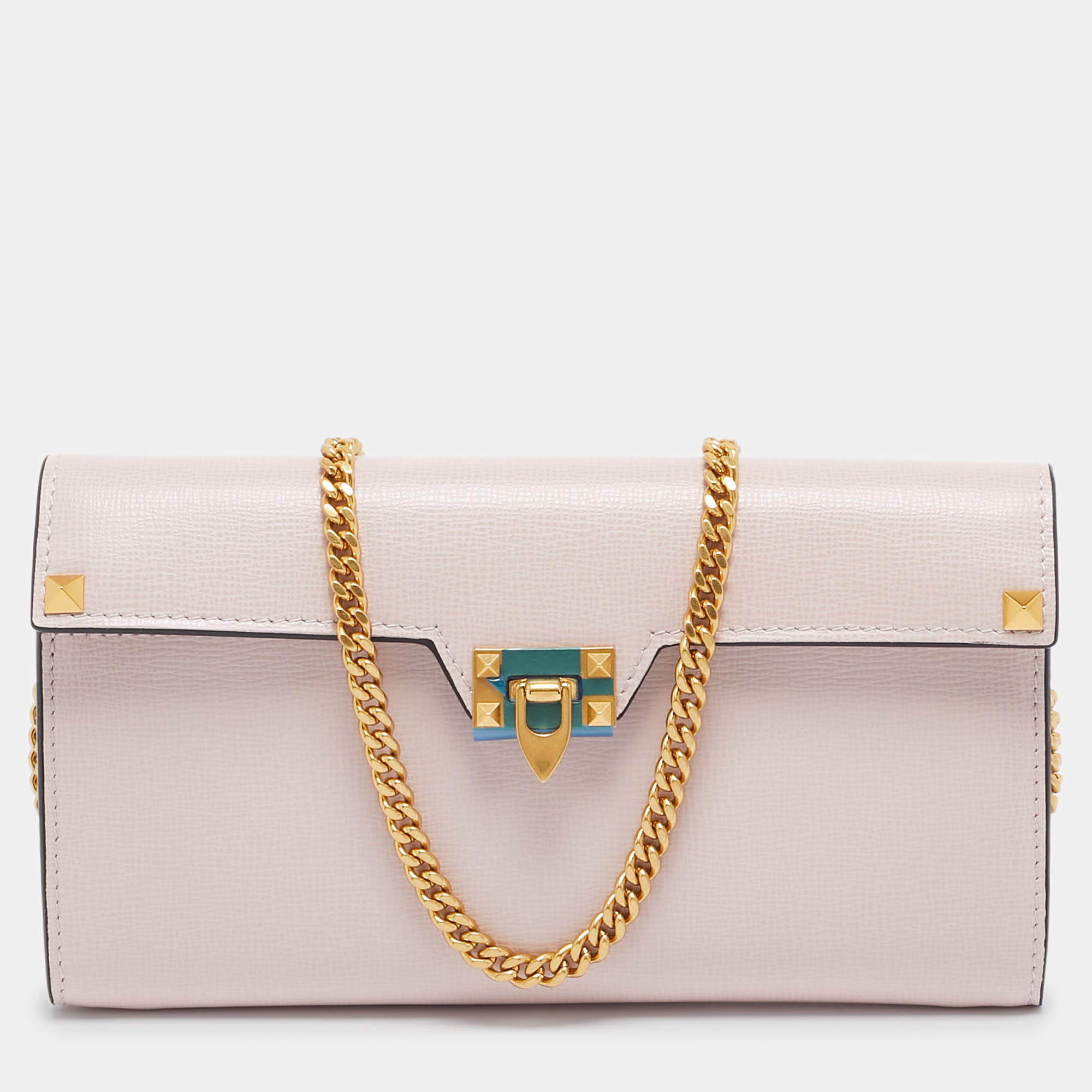 Valentino Light Pink Leather Rockstud Flap Wallet on Chain