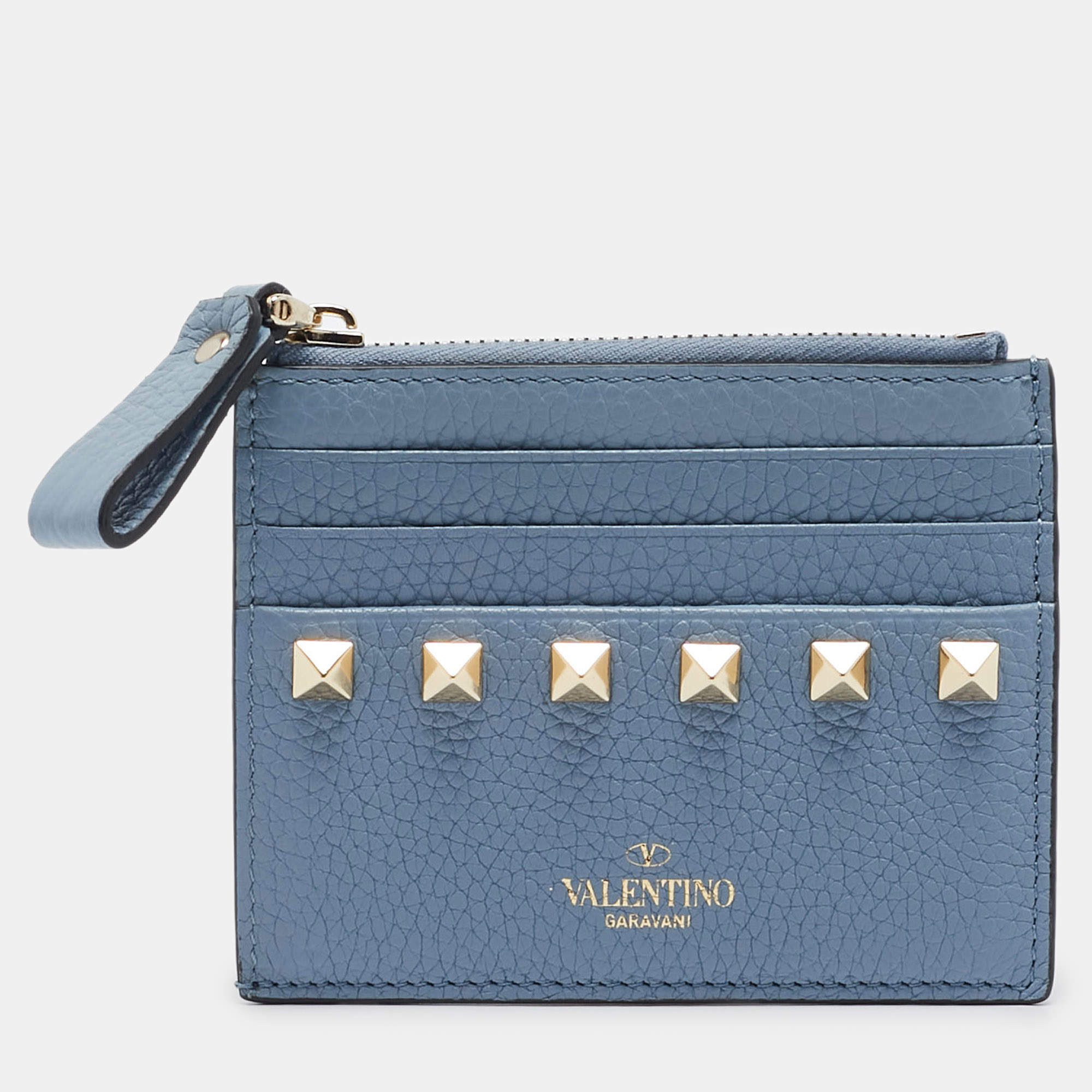 Pre Owned Valentino Blue Leather Rockstud Zip Card Holder