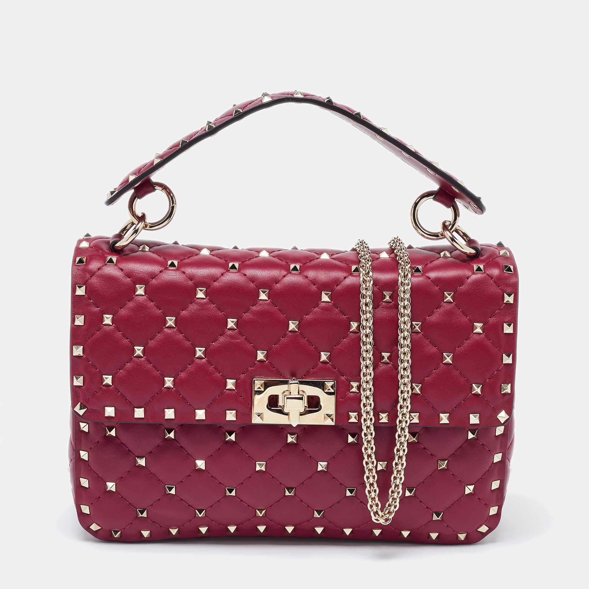 Pre Owned Valentino Burgundy Quilted Leather Medium Rockstud Spike Top Handle Bag
