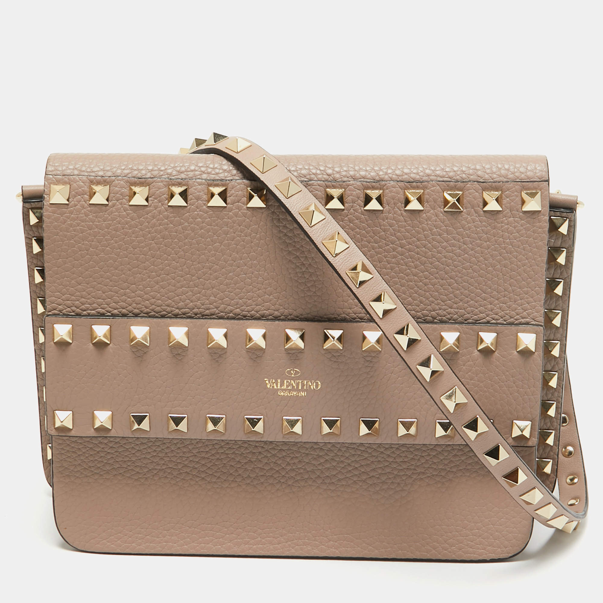 Pre Owned Valentino Beige Leather Rockstud Flap Crossbody Bag