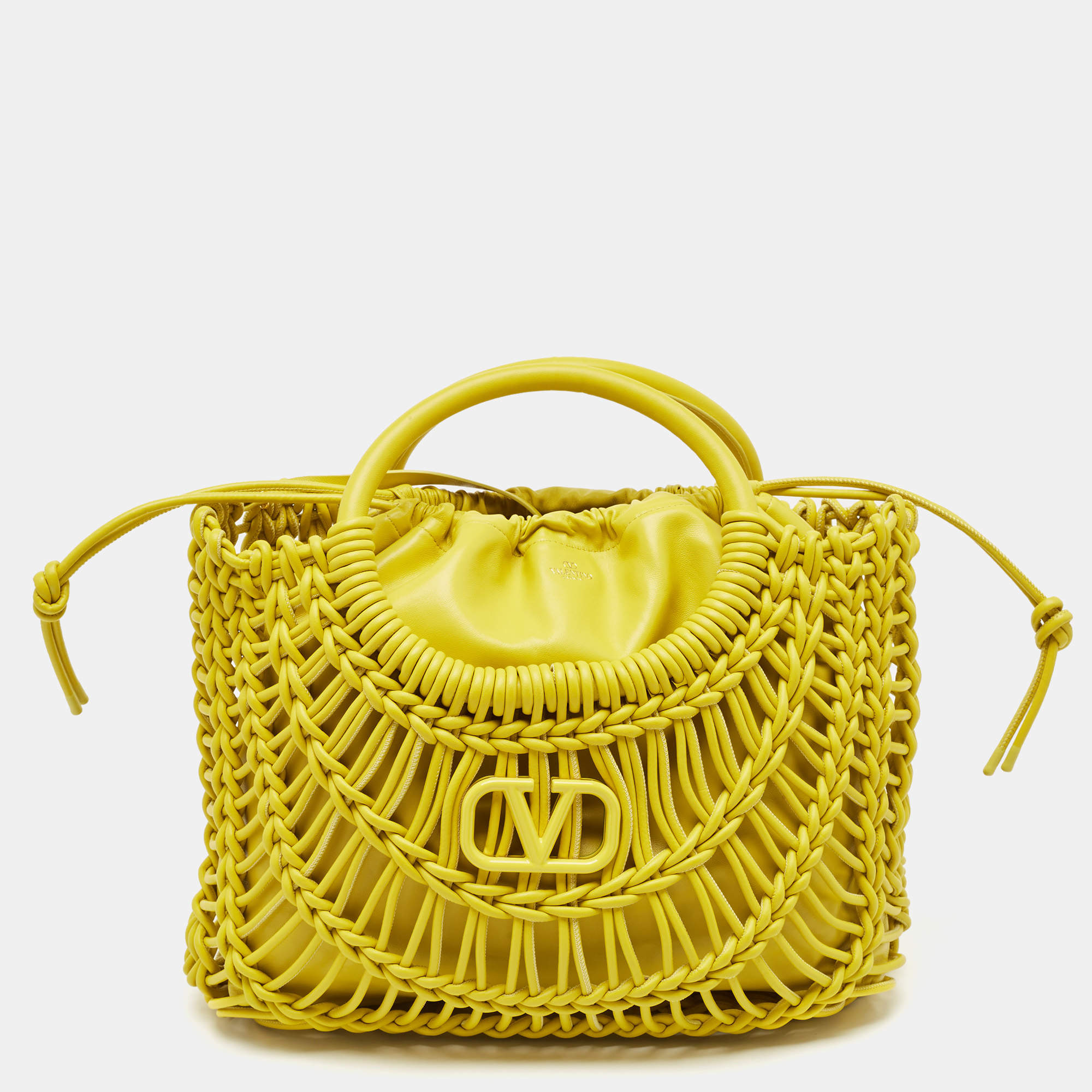 Pre Owned Valentino Yellow Woven Leather Allknots Shopper Tote