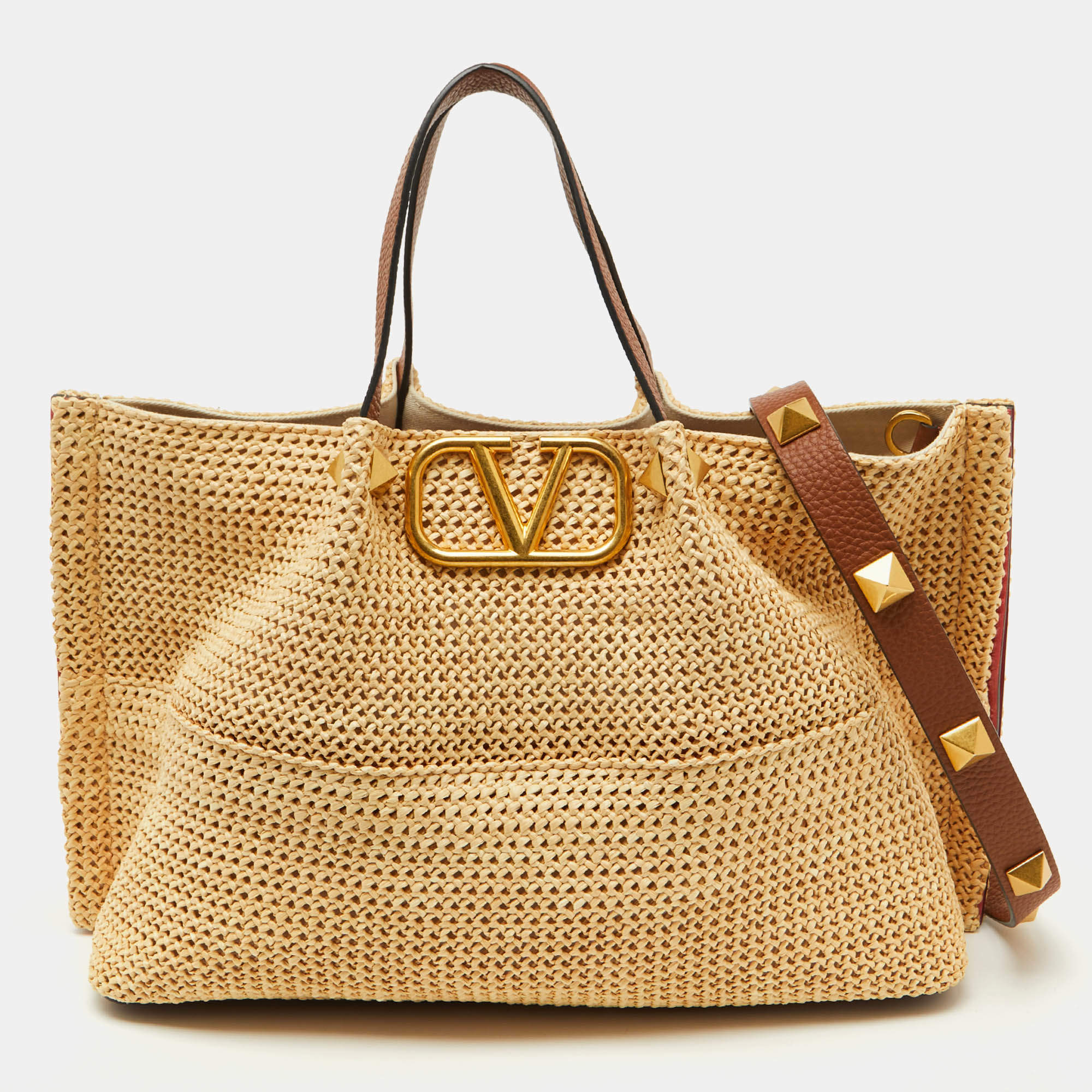 Pre Owned Valentino Tan/Natural Woven Raffia and Leather Medium Summer Tote