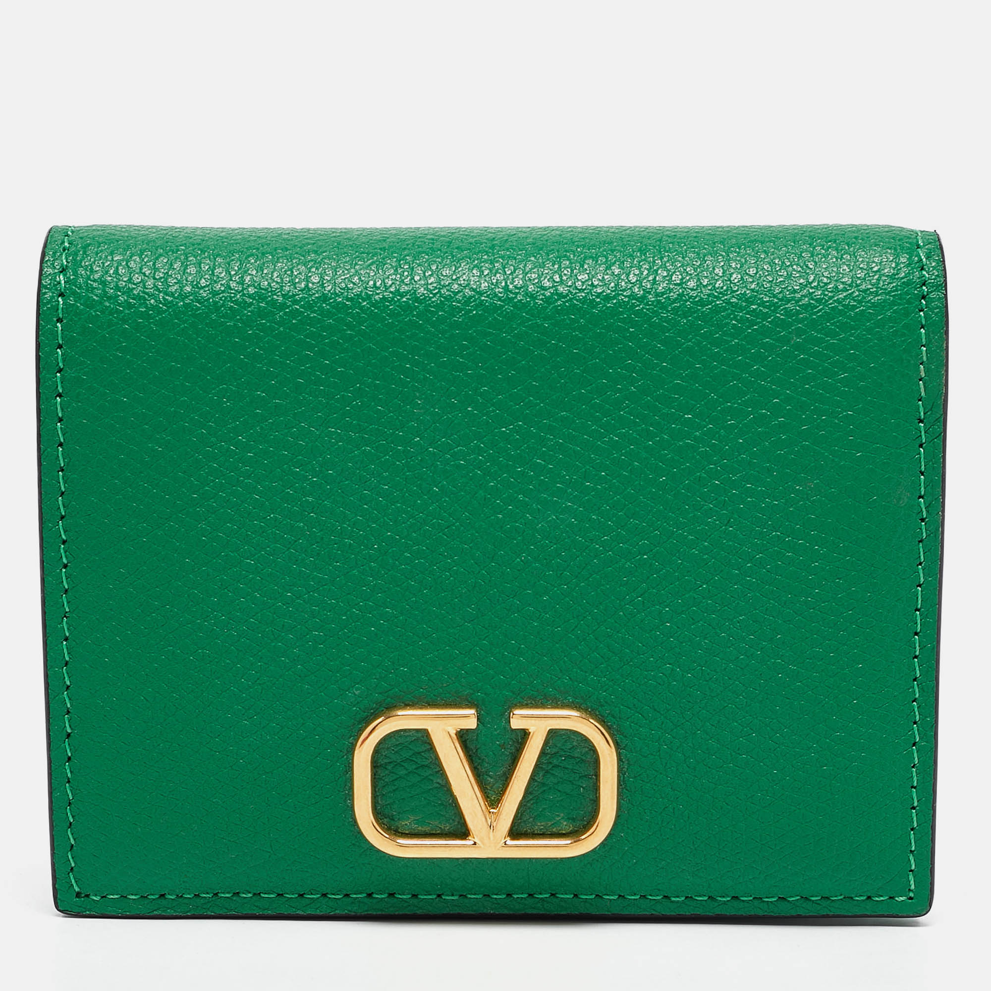 Valentino Green Leather VLogo Flap Card Case