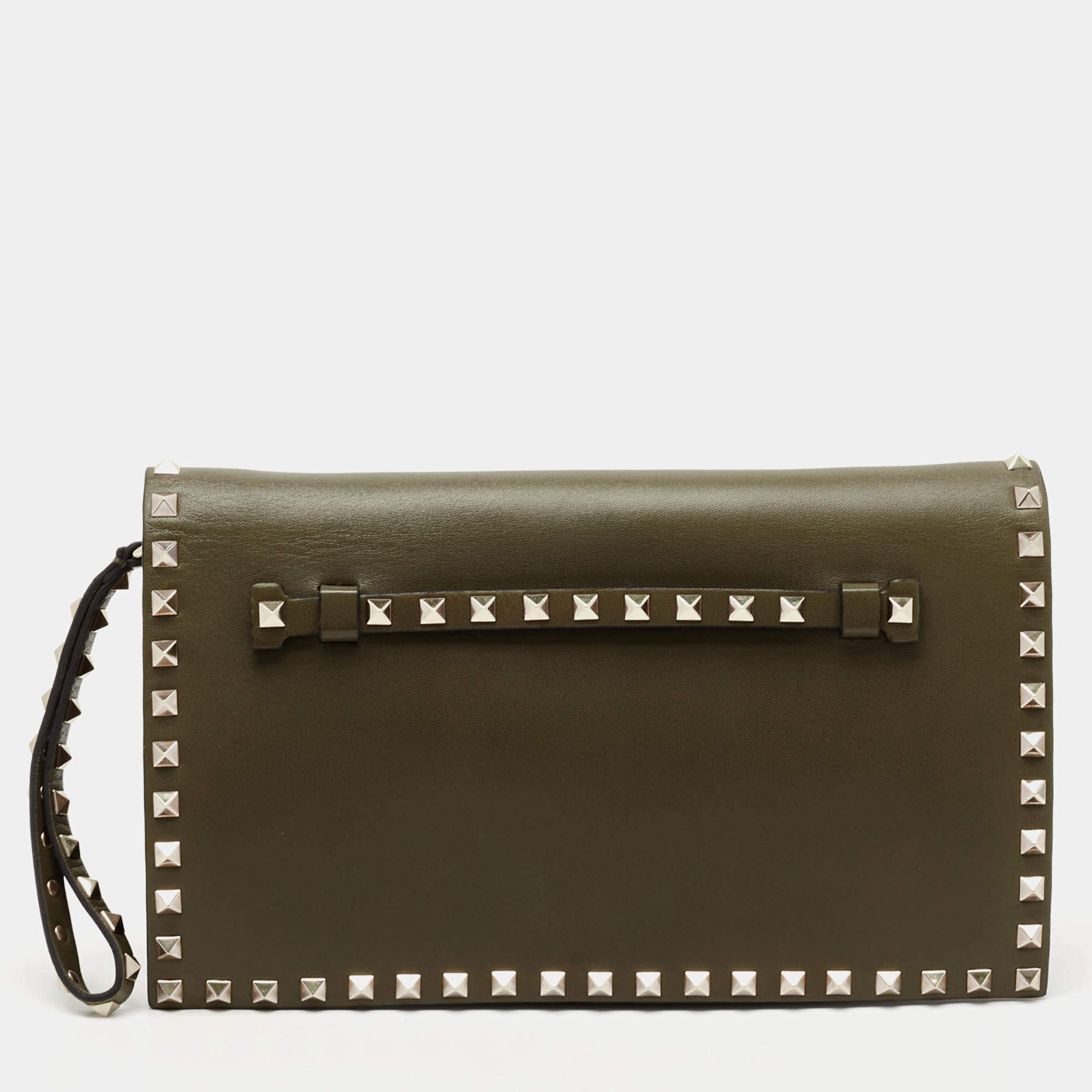Pre Owned Valentino Olive Green Leather Rockstud Flap Clutch