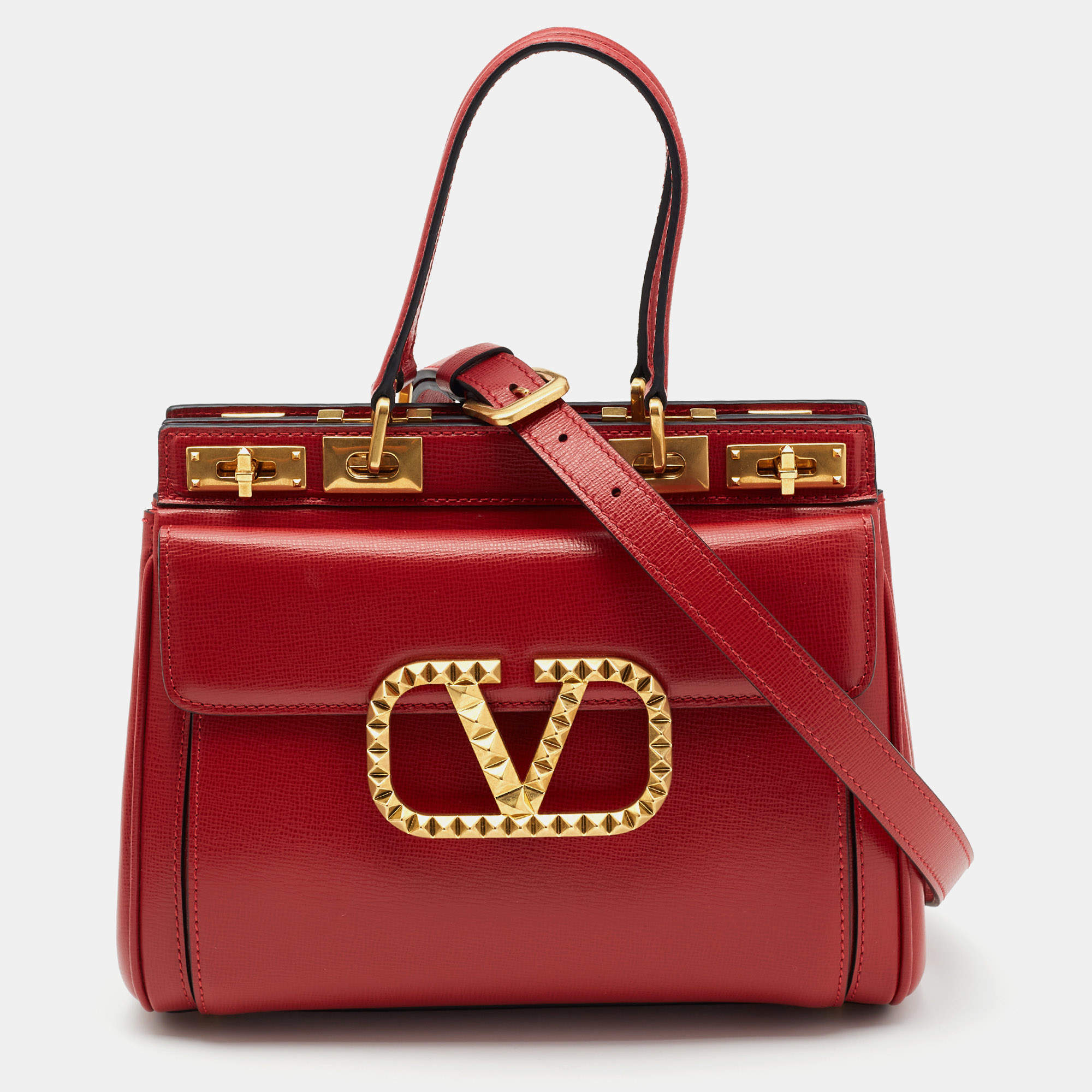 Valentino Red Leather Medium Rockstud Alcove Tote