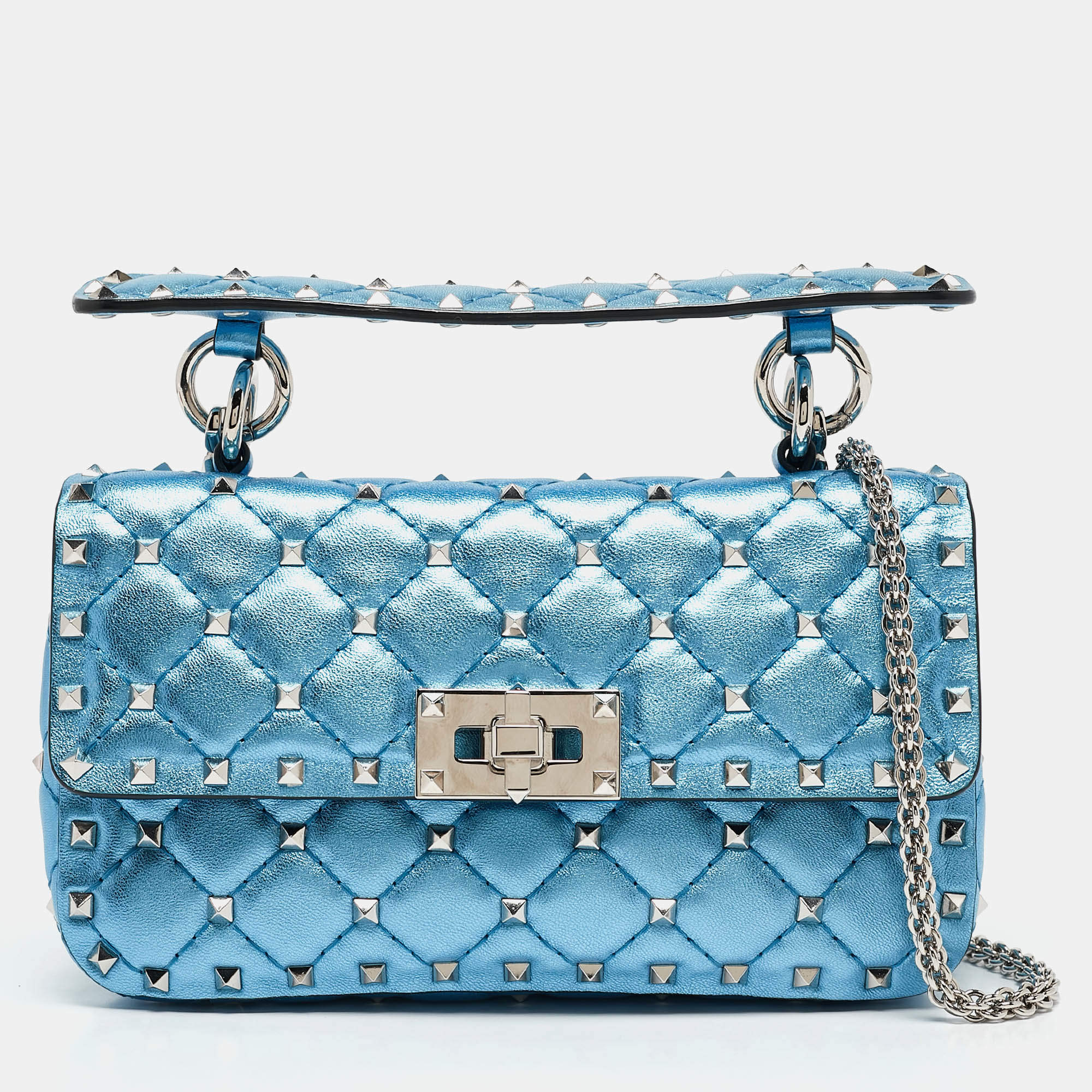 Valentino Metallic Blue Quilted Leather Small Rockstud Spike Top Handle Bag