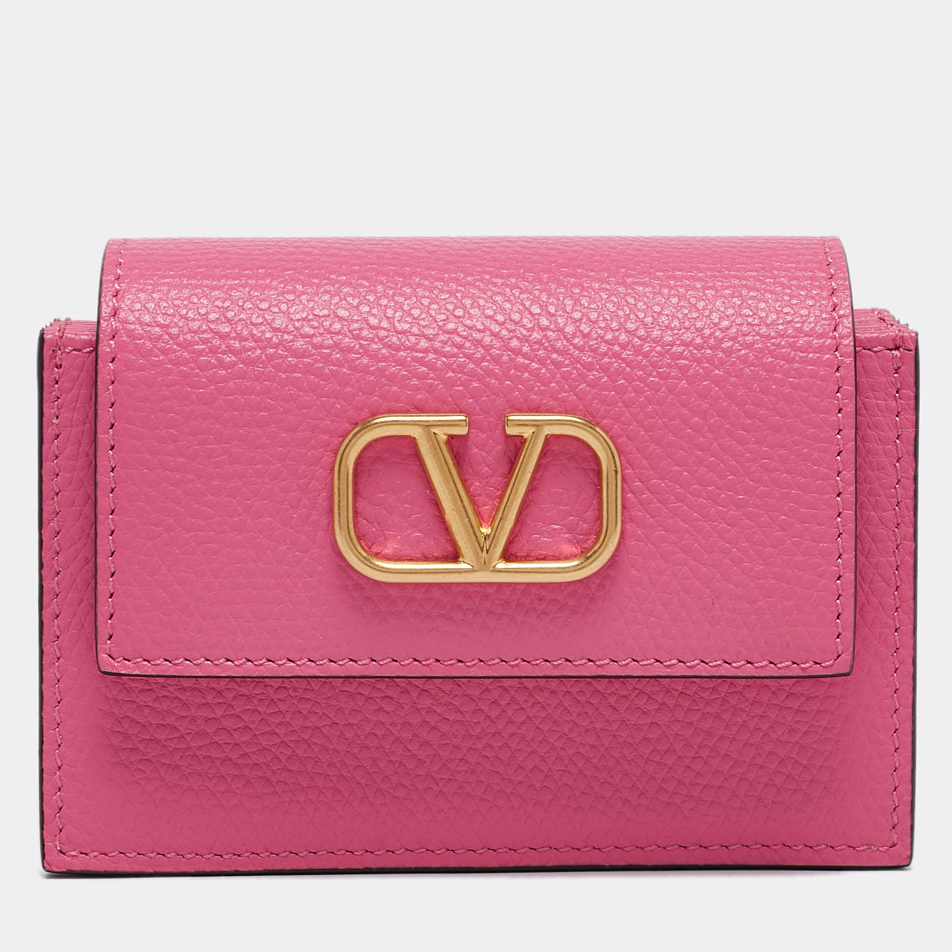 Pre Owned Valentino Pink Leather VLogo Gusset Card Case