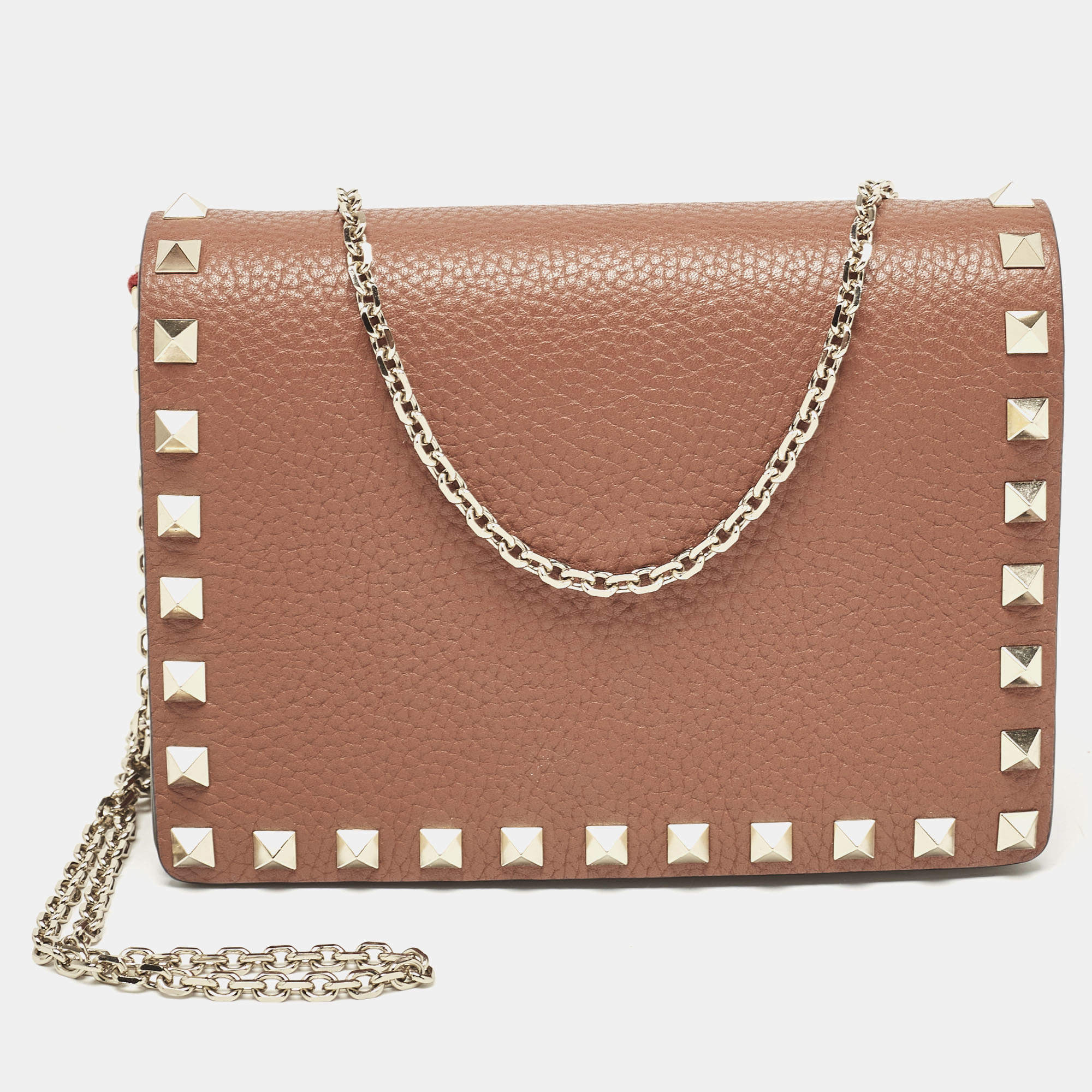 مملوكة مسبقًا Valentino Brown Leather Rockstud Wallet On Chain