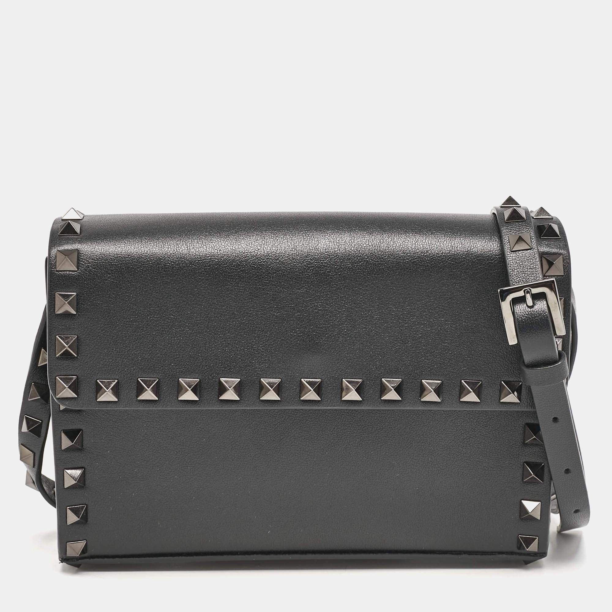 Valentino Black Leather Rockstud Flap Crossbody Bag