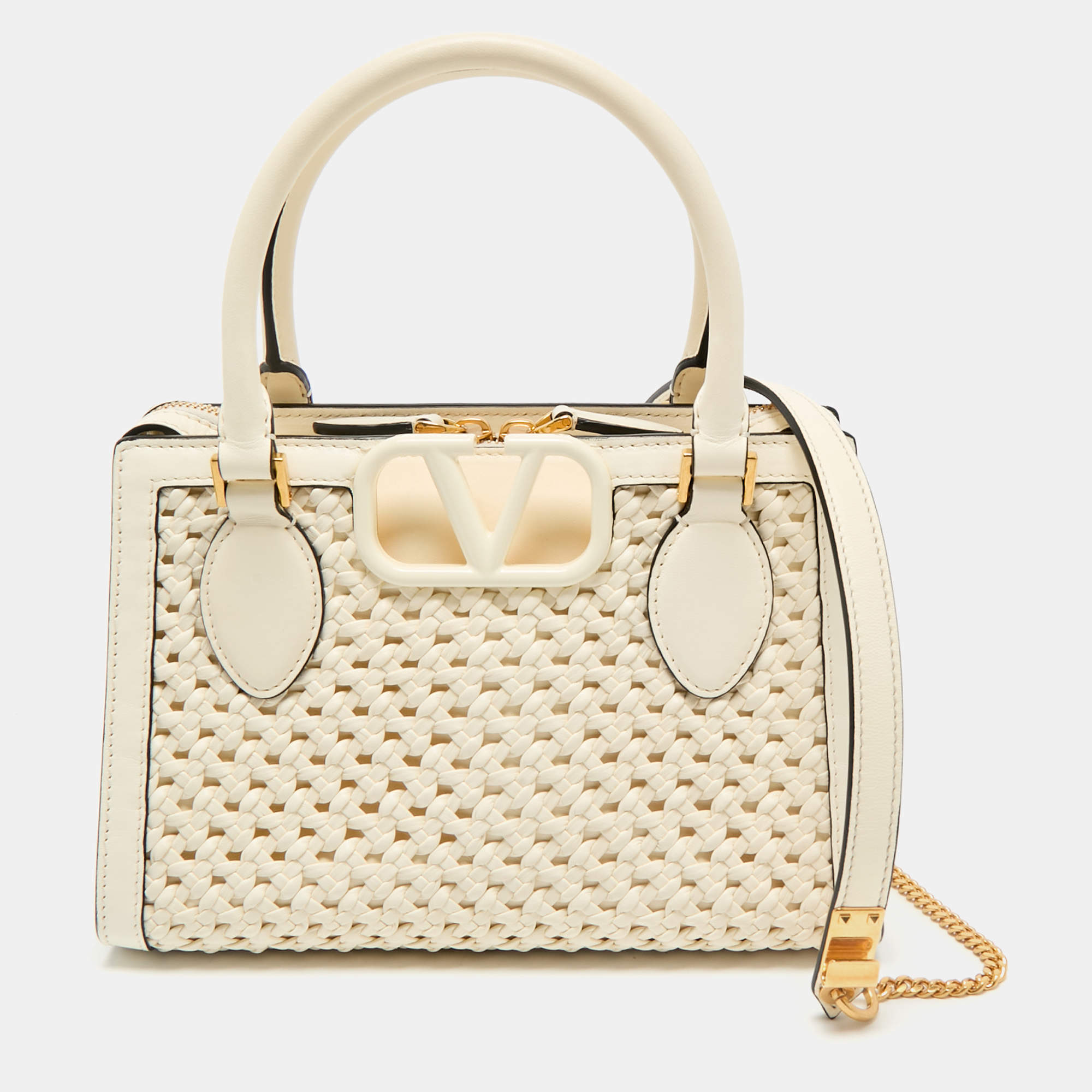 Valentino White Leather Woven VSling Small Double Handle Bag