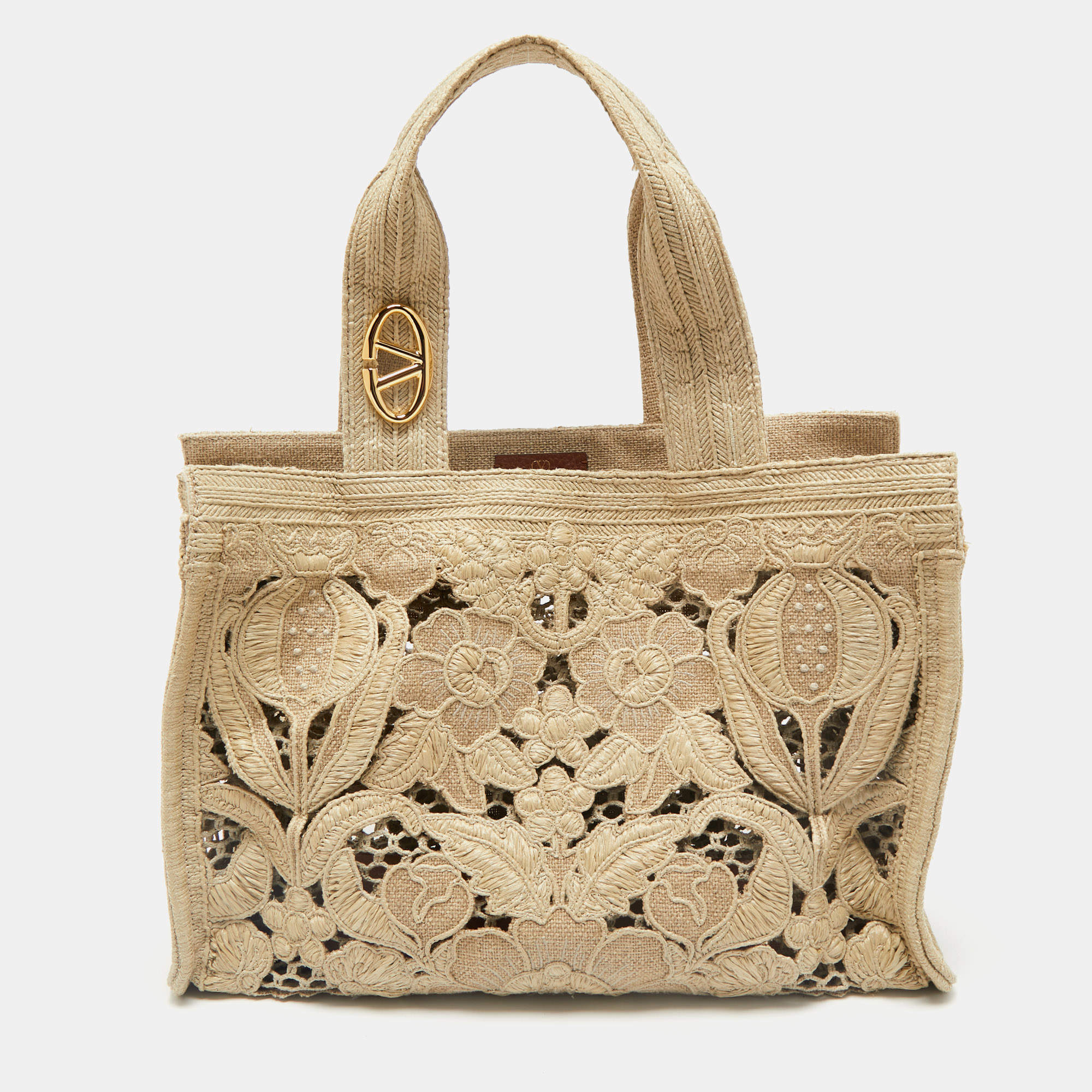 Valentino Beige Canvas and Raffia Medium Resort Flower Tote
