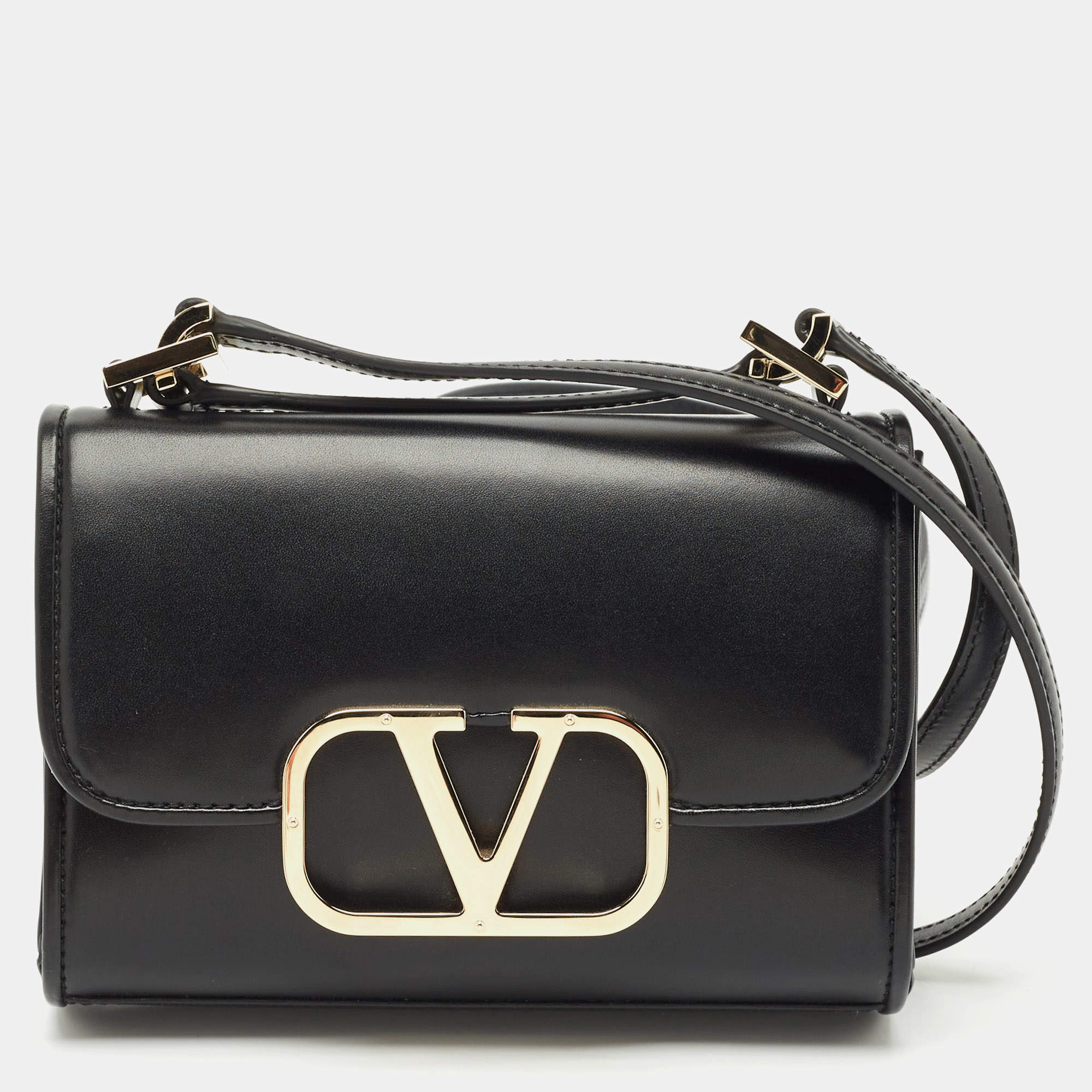 Pre Owned Valentino Black Leather VLogo Flap Crossbody Bag