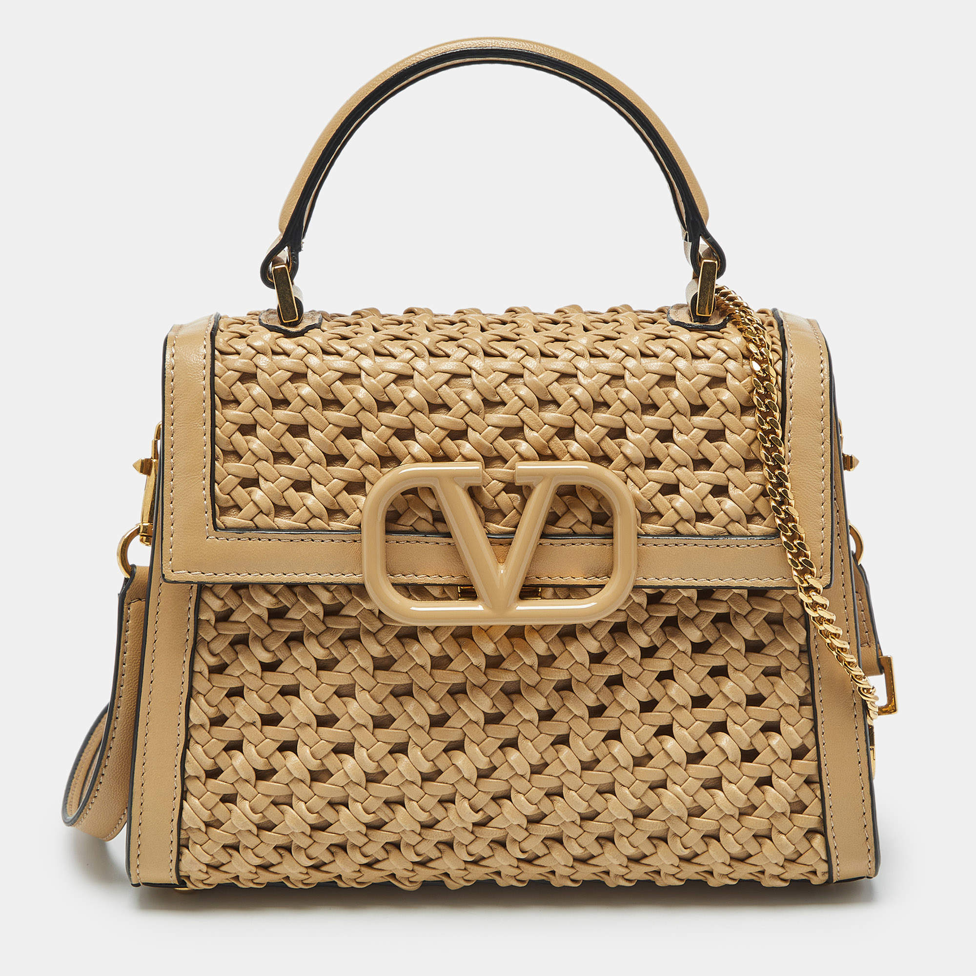 Pre Owned Valentino Beige Woven Leather Small VSling Top Handle Bag
