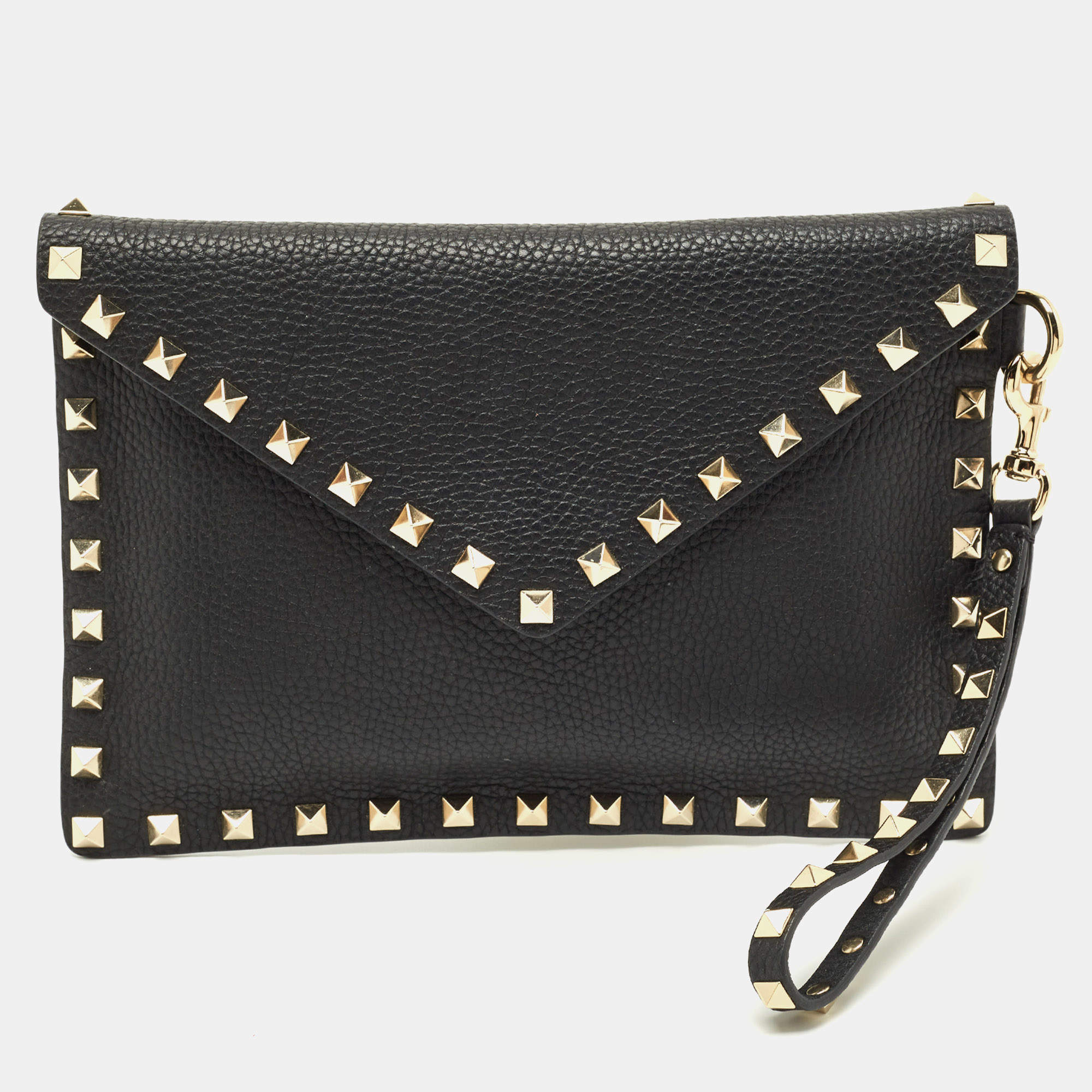Pre Owned Valentino Black Leather Rockstud Wristlet Slim Pouch